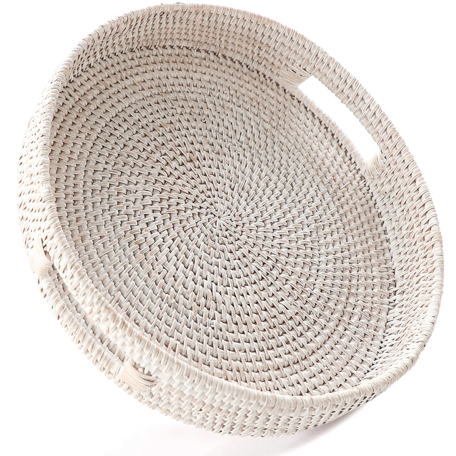 HITOMEN 11.8 Hand-Woven Round Rattan Serving Tray Decorative Wicker Trays with Handles for Coffee Table (Whitewash-M)