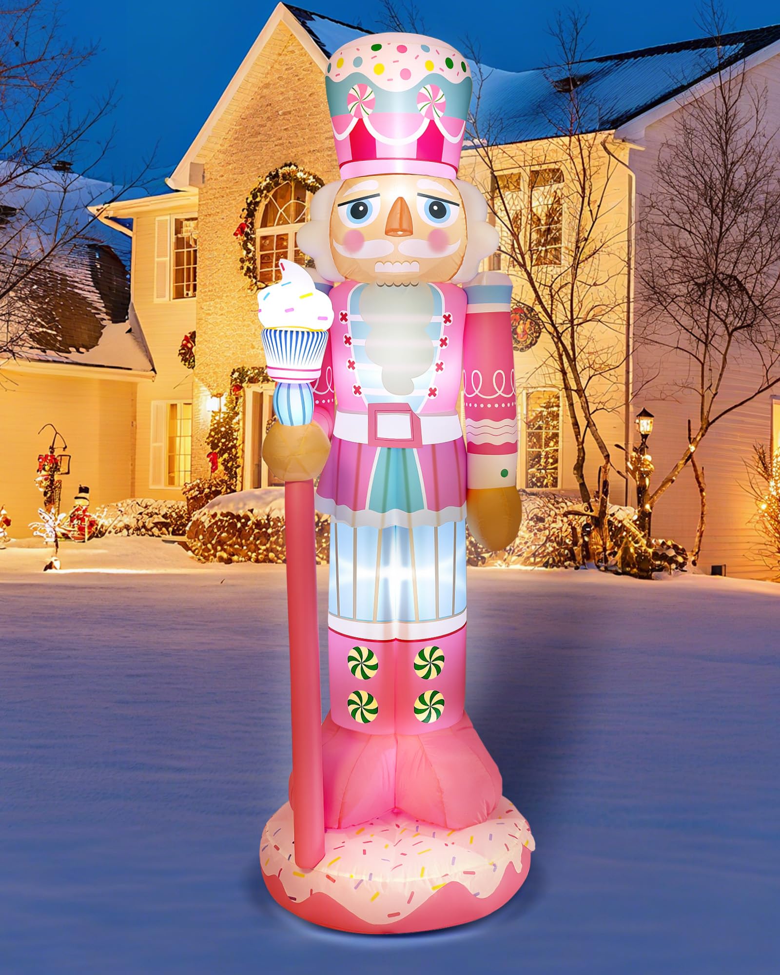 Geyoga 8FT Christmas Inflatable Outdoor Decoration Pink Nutcracker Hold Cake Cane Blow Up with LED Lights Inflatable Nutcracker 