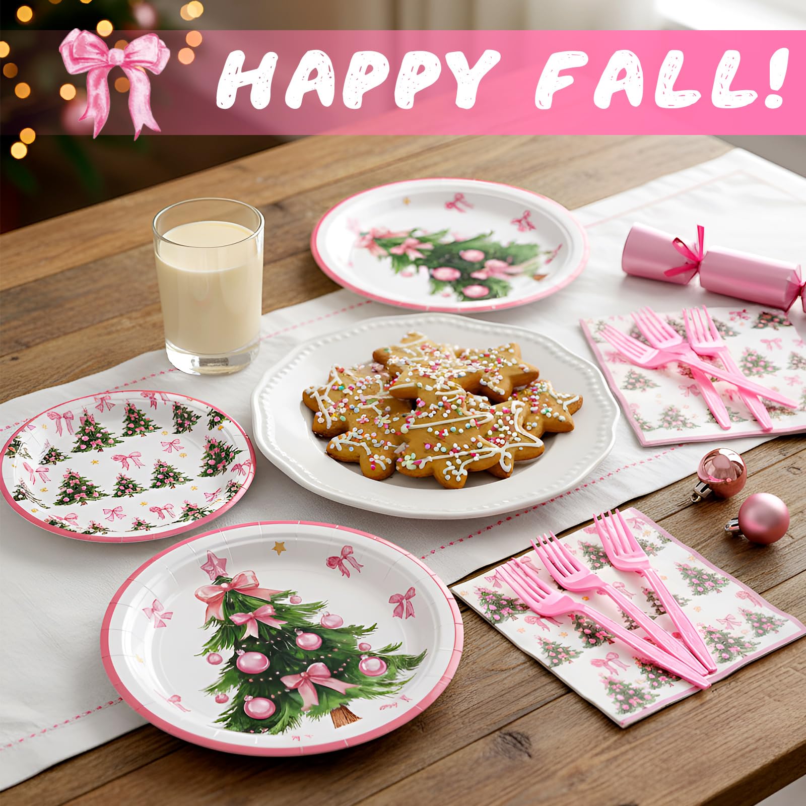 Havawish 96 Pcs Pink Christmas Tree Paper Plates and Napkins Pink Bow Christmas Party Supply Winter Baby Shower Party Decoration