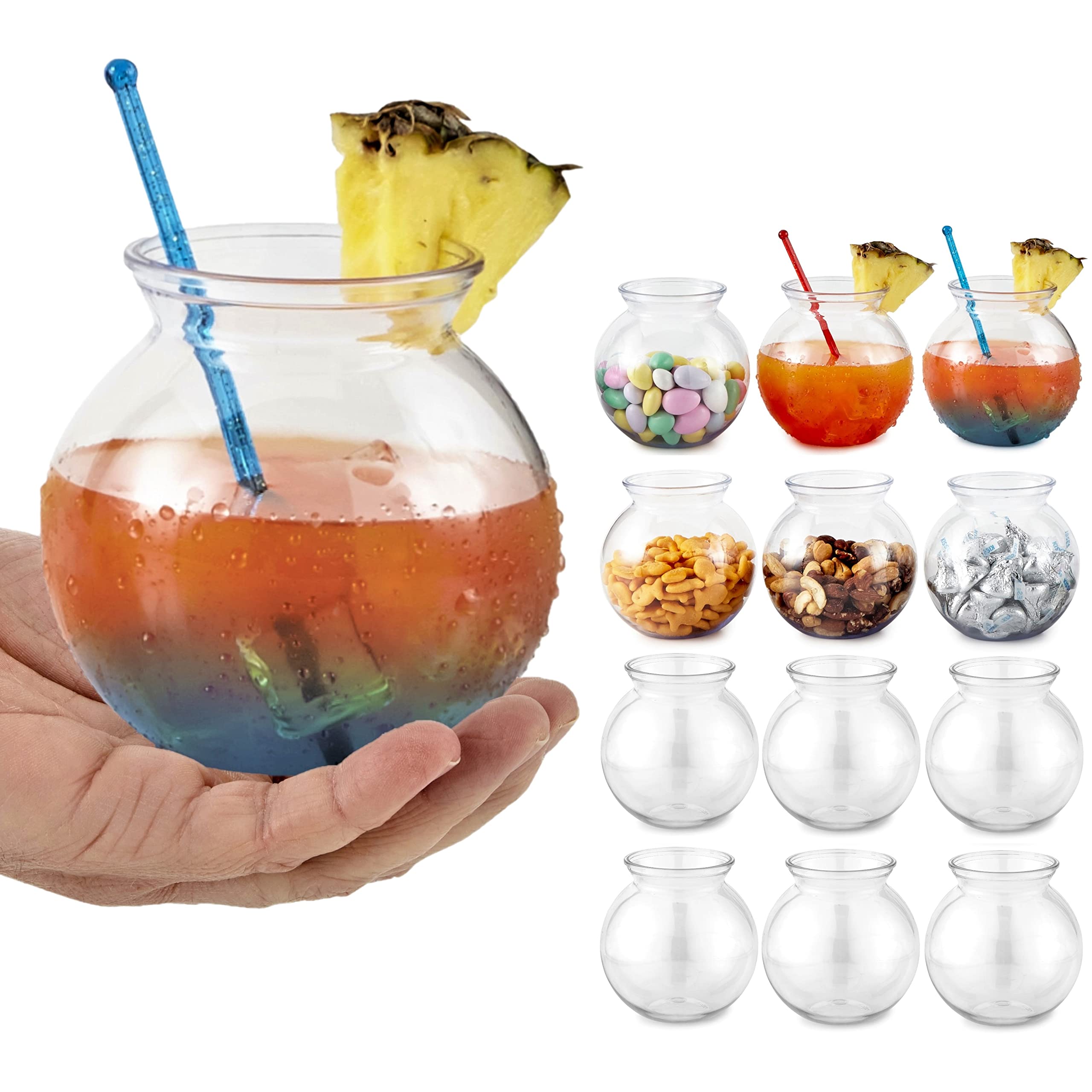 Small Round Plastic Fish Bowls for Parties (12 Pack) 16 oz Clear Mini Drink Bowl, Shatterproof Fishbowl Glasses for Drinks, Cent