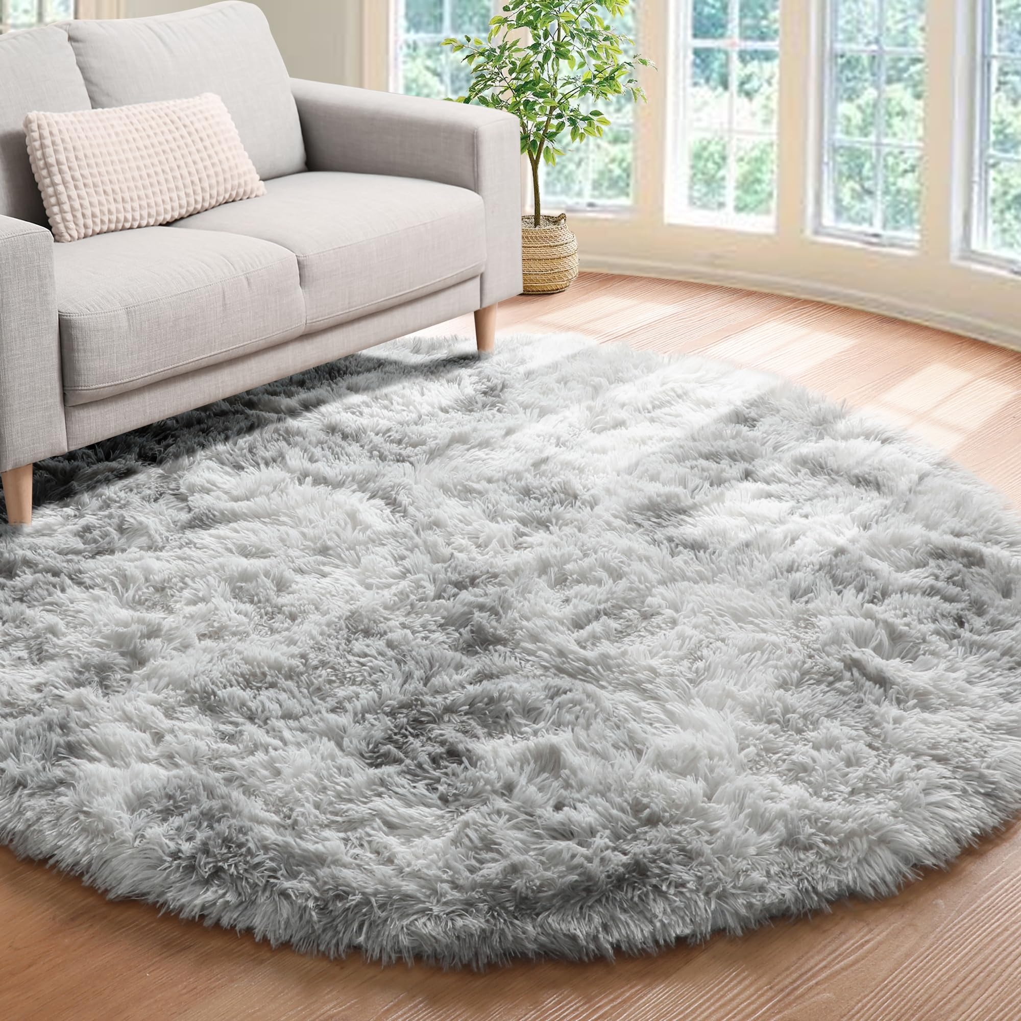 ONASAR Tie-Dyed Light Grey Round Area Rug 4ft, Ultra Soft Bedroom Circle Rugs for Kids Girls Teen Room, Fluffy Plush Shaggy Carp