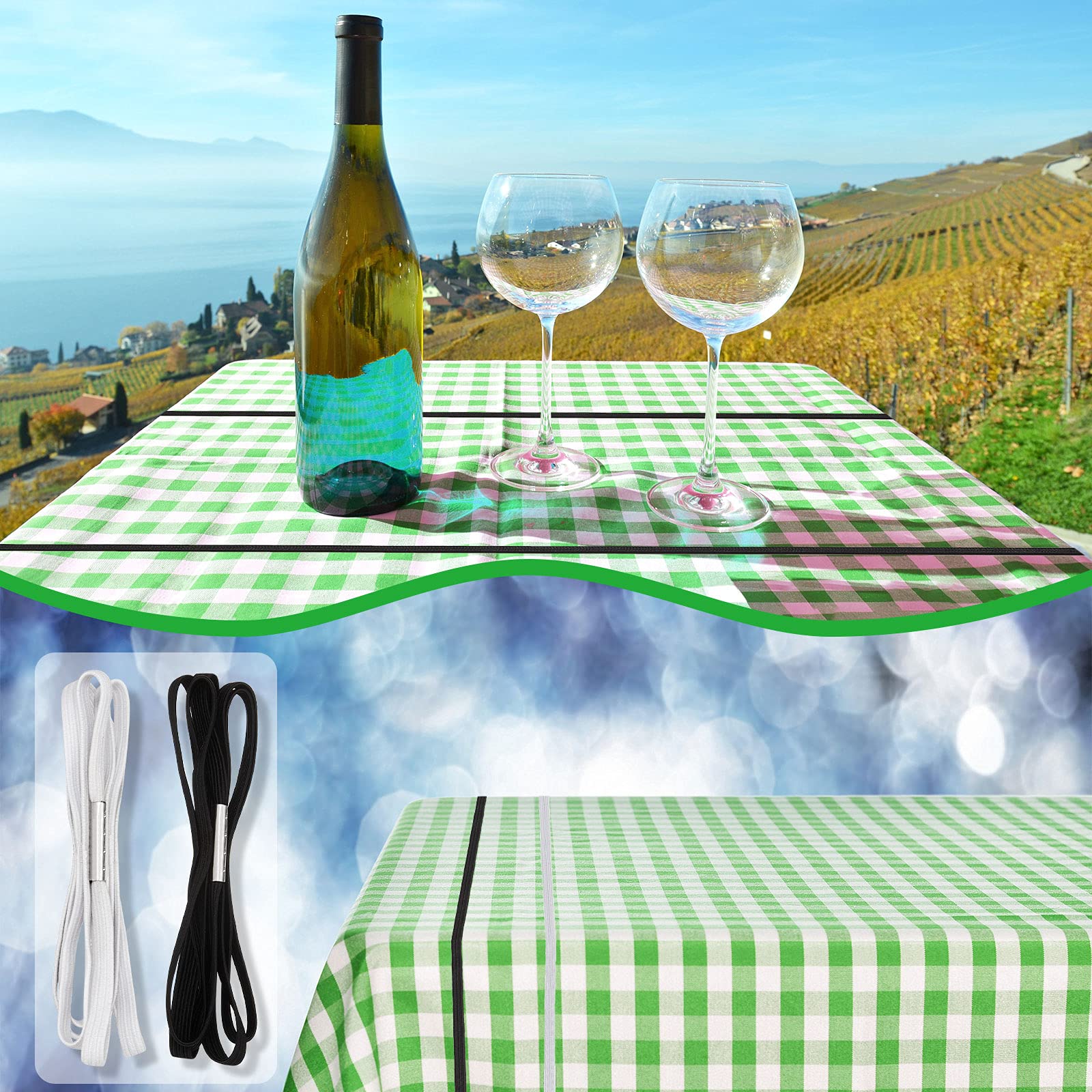 Riakrum Table Bungees Tablecloth Strap Band Tablecloth Bungee Cord to Hold Down Table Cloth for Outdoor Tables Kitchen Tables Picnic Camping Wedding Party(White  Black 4 Pieces)
