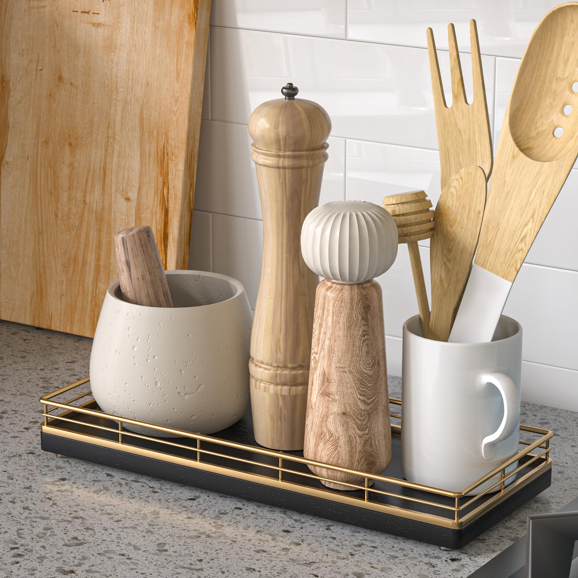Oak Wooden Decorative Kitchen Tray, 11'' L Dish Soap Sponge Holder For Sink Countertop Spice Salt And Pepper Organizer For Dinin