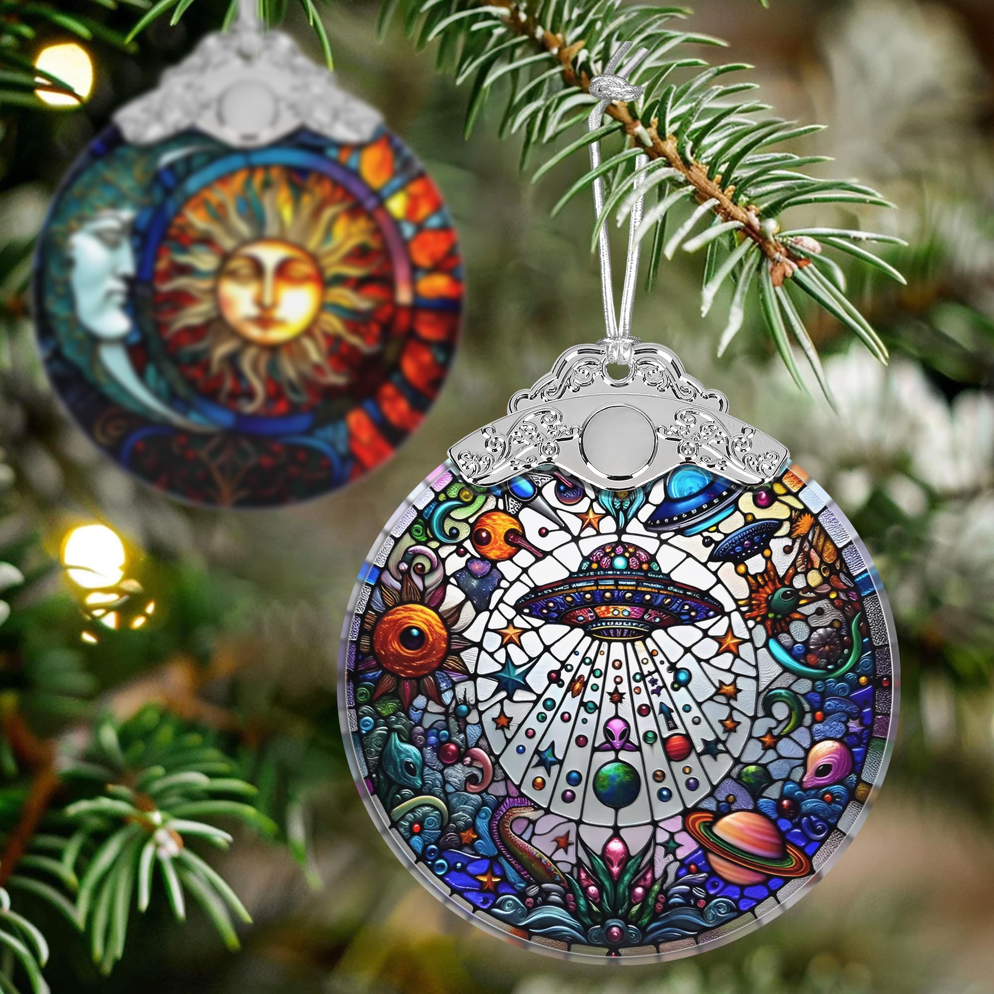 Stained Glass UFO and Alien Christmas Ornament - Holiday Home Decor - Tree Decoration - Gift Exchange Idea