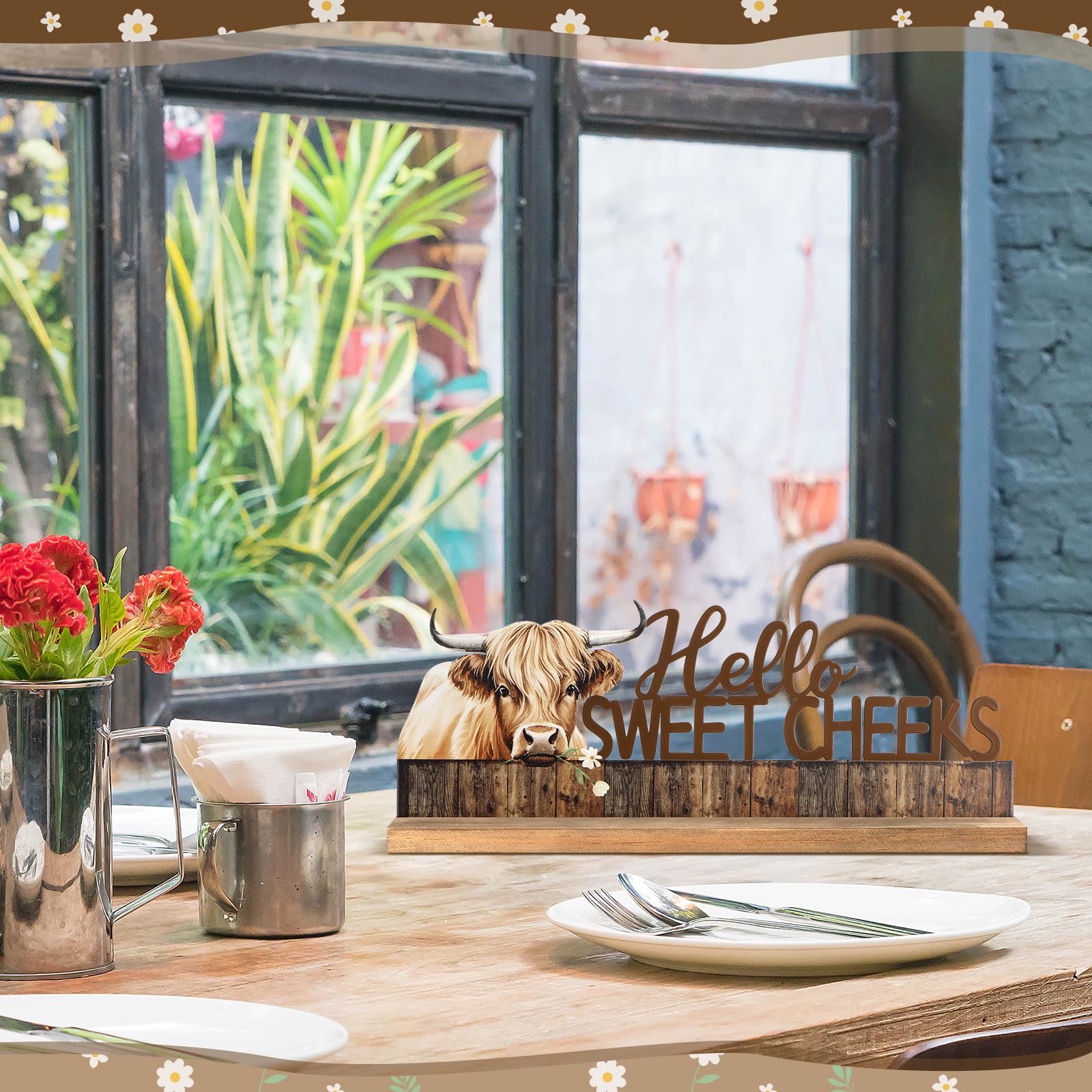 MiniInflat Highland Cow Metal Sign Rustic Table Decor Hello Sweet Cheeks Tiered Tray Decor with Wooden Base Freestanding Metal W