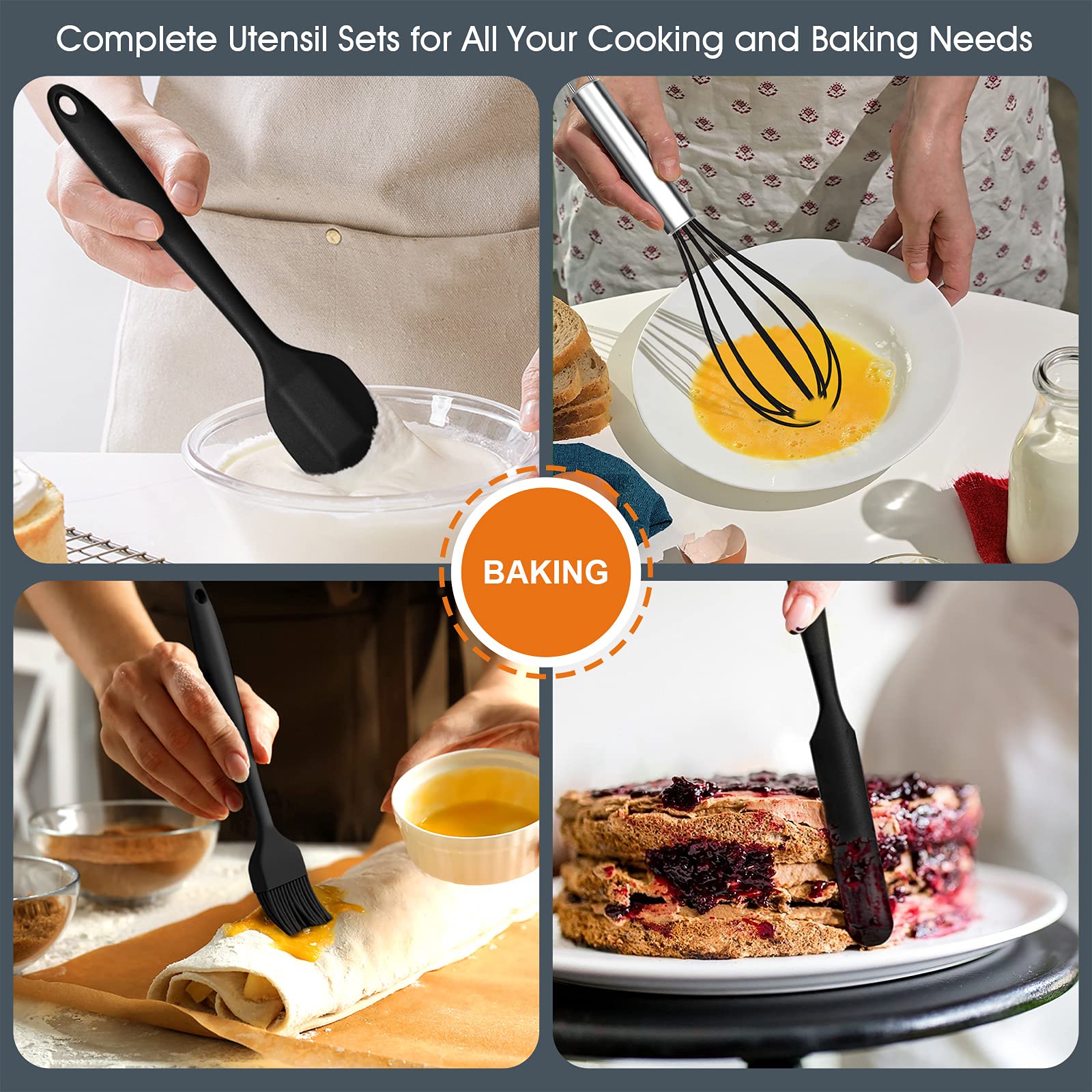 Kitchen Utensils Set, E-Far 15-Piece Silicone Cooking Utensils With Holder, Non-Stick Cookware Friendly & Heat Resistant, Includ