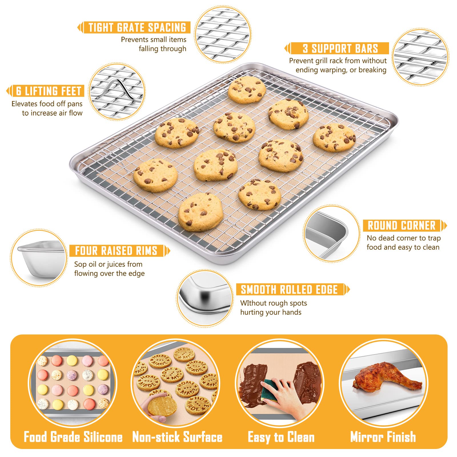 Toaster Oven Baking Sheet Set, E-Far 10.5   X8.3    Small Stainless Steel Cookie Sheet Pan With Wire Rack & Silicone Mat For Coo