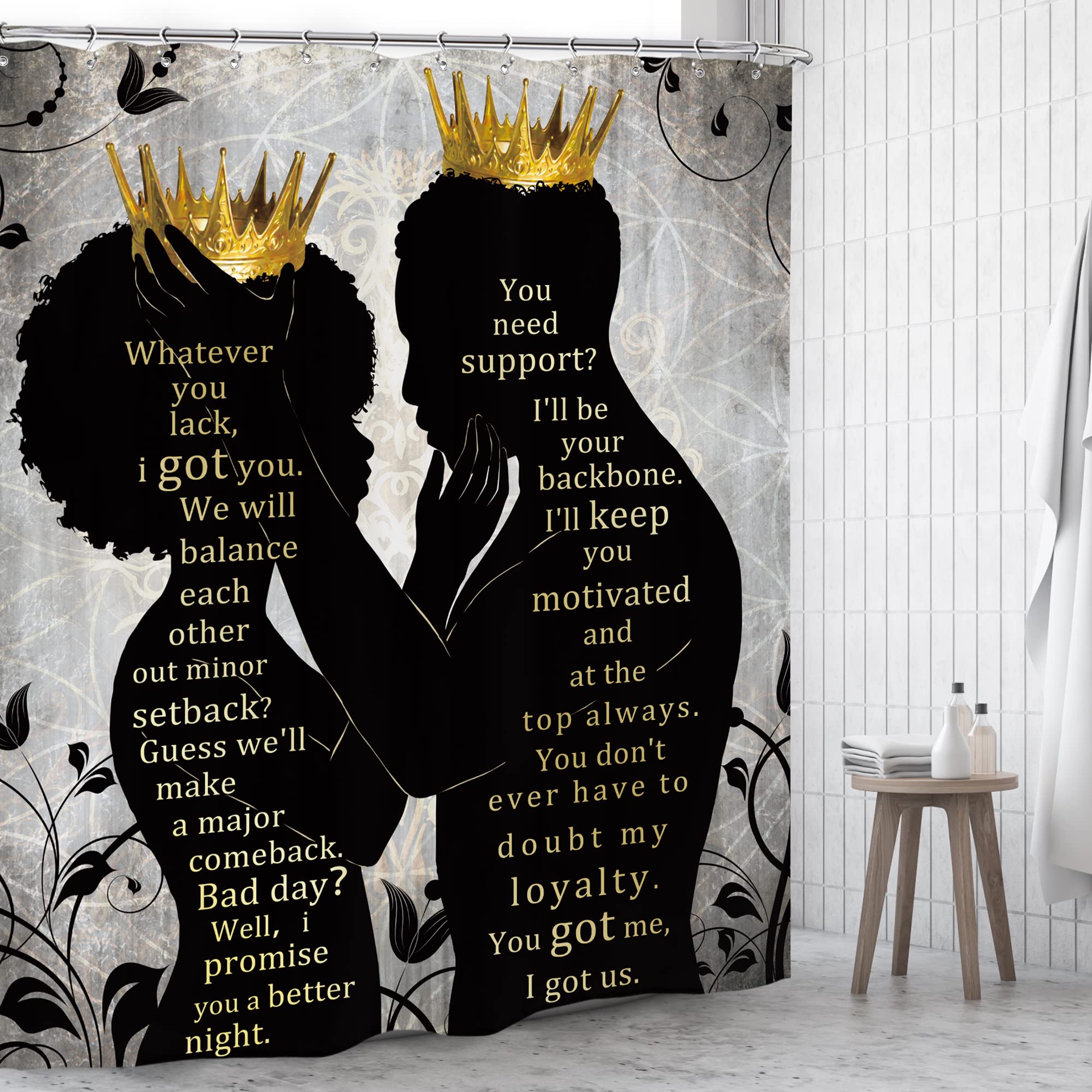 Omifly African American Shower Curtain Women Men 60Wx72H Inch Afro Black Queen King Luxury Gold Crown Inspirational Quotes Bathr