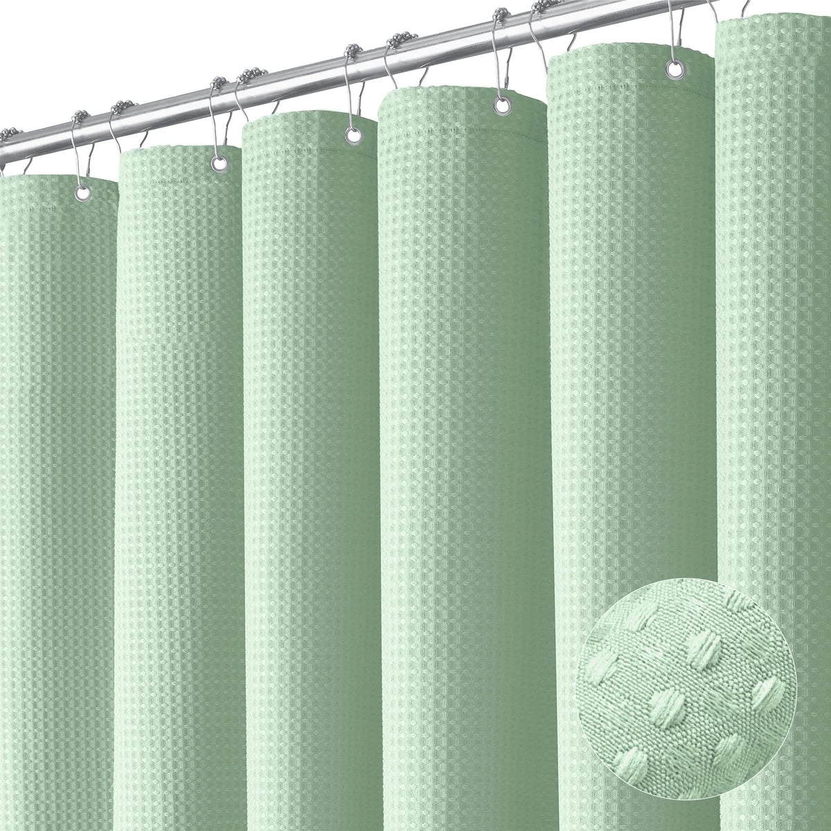 Dynamene Mint Green Fabric Shower Curtain - Waffle Weave Textured Heavy Duty Cloth Shower Curtains For Bathroom, 256Gsm Hotel Lu
