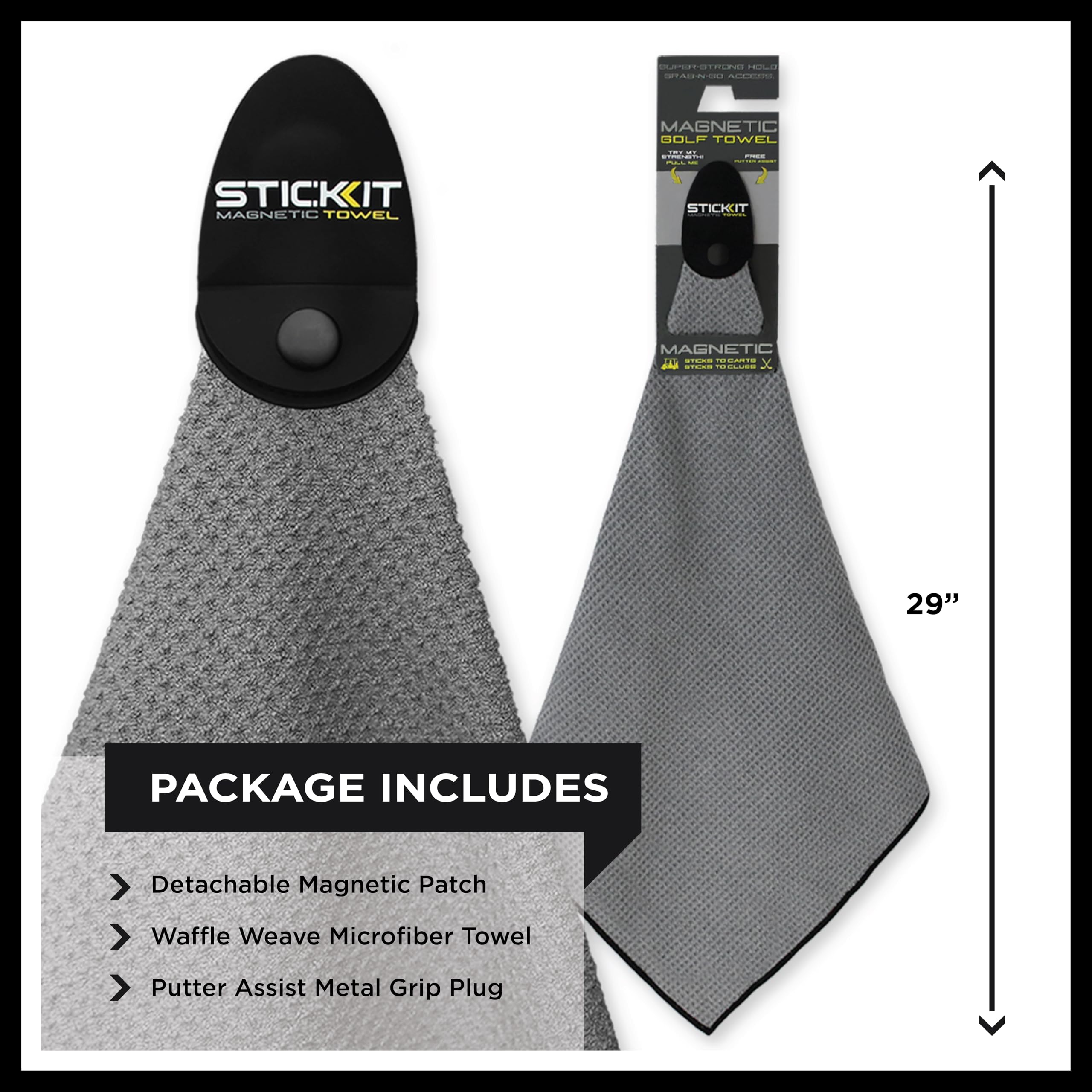 STICKIT Magnetic Towel  Gray  Top-Tier Microfiber Golf Towel with Deep Waffle Pockets  Industrial Strength Magnet for Strong Hold to Golf Carts or Clubs