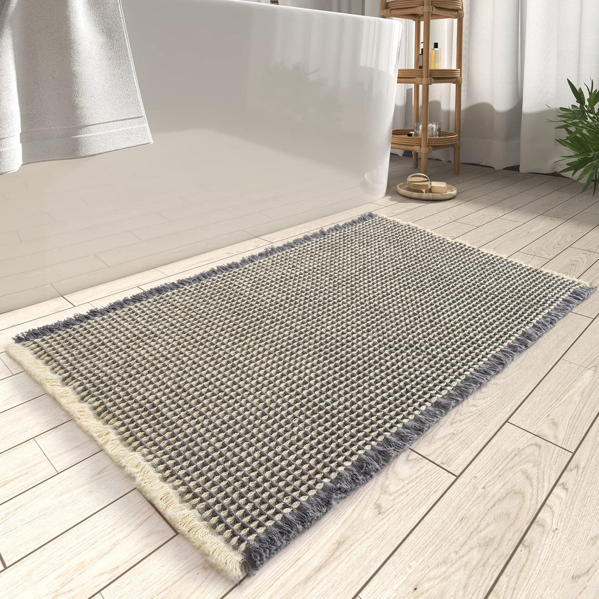 Amoami Upgraded Waffle Bath Mat, Super Absorbent Non Slip Bath Mats For Bathroom Floor, Machine Washable Bathroom Rugs With Tass