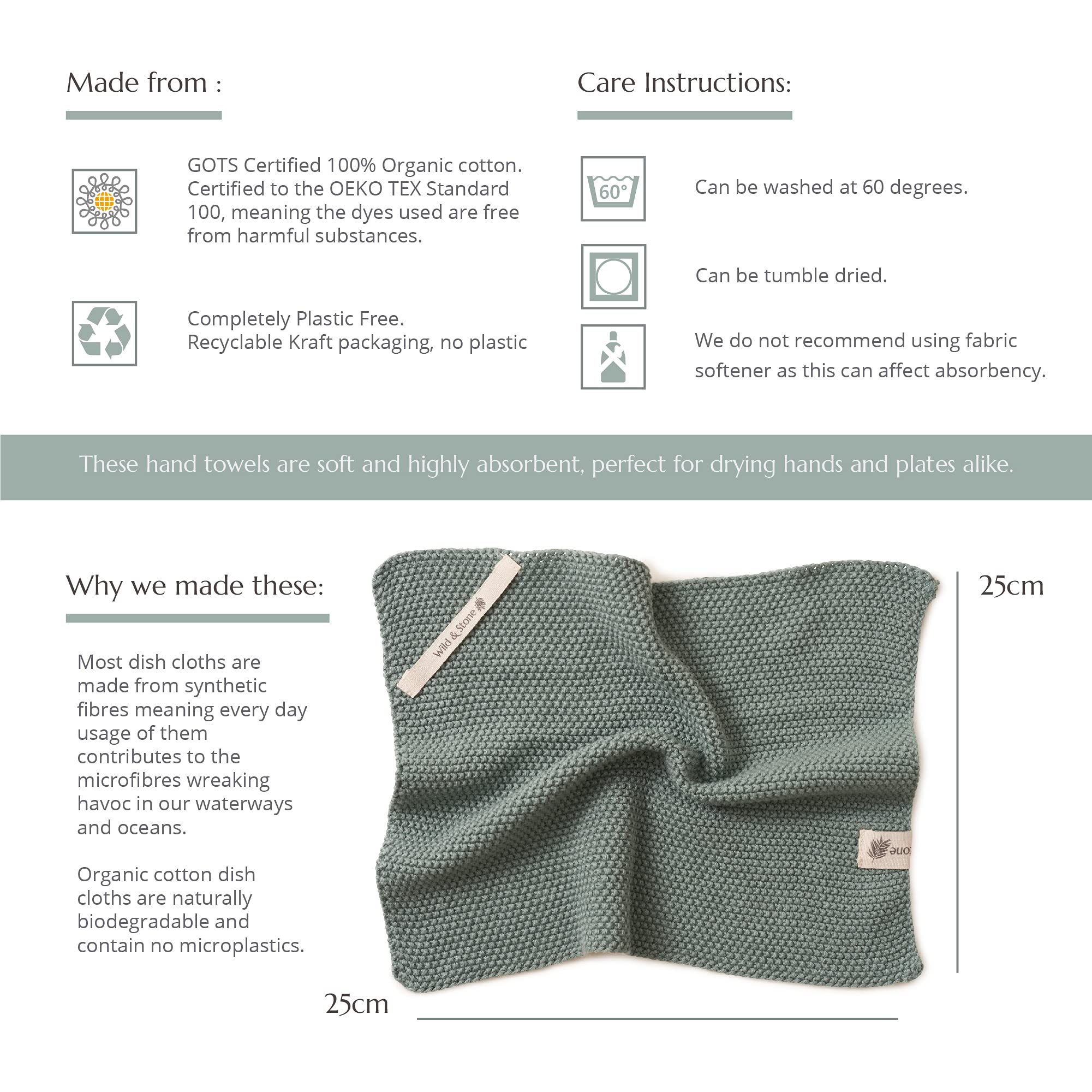 Wild & Stone | Organic Cotton Dish Cloth | Eco-Friendly Kitchen Cloth | Biodegradable & Compostable Cleaning Cloth | Moss Green