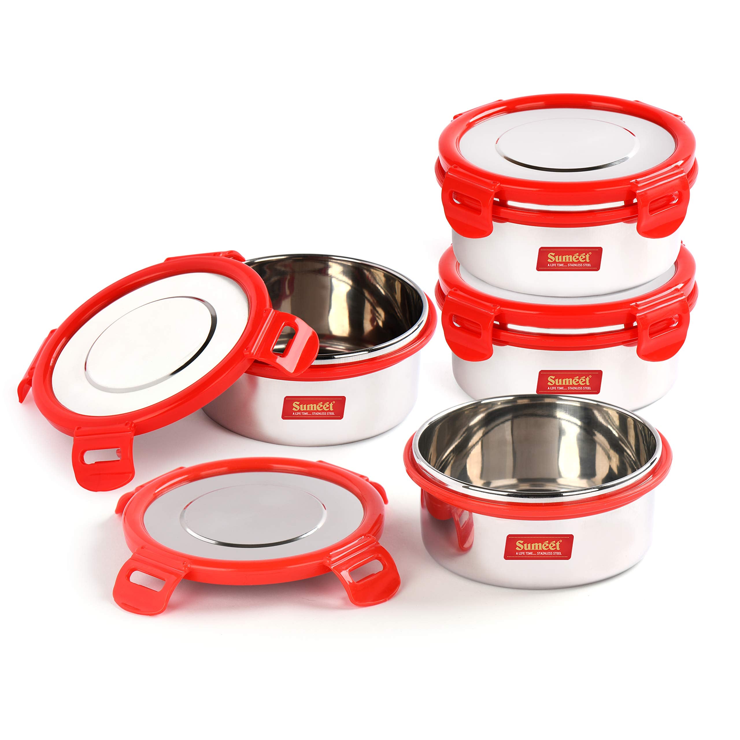 Sumeet Airtight & Leak Proof Steelexo S.S. Containerlunch Box With Stainless Steel Lid Set Of 4Pcs (300Ml Each)  Red