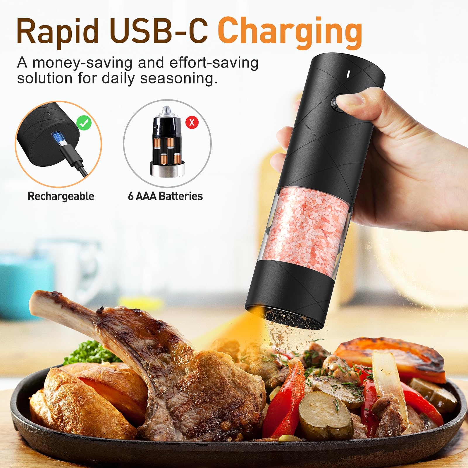 Electric Salt And Pepper Grinder Set, Rechargeable Automatic Pepper Mill Grinder With Led Light, Adjustable Coarseness Shakers,