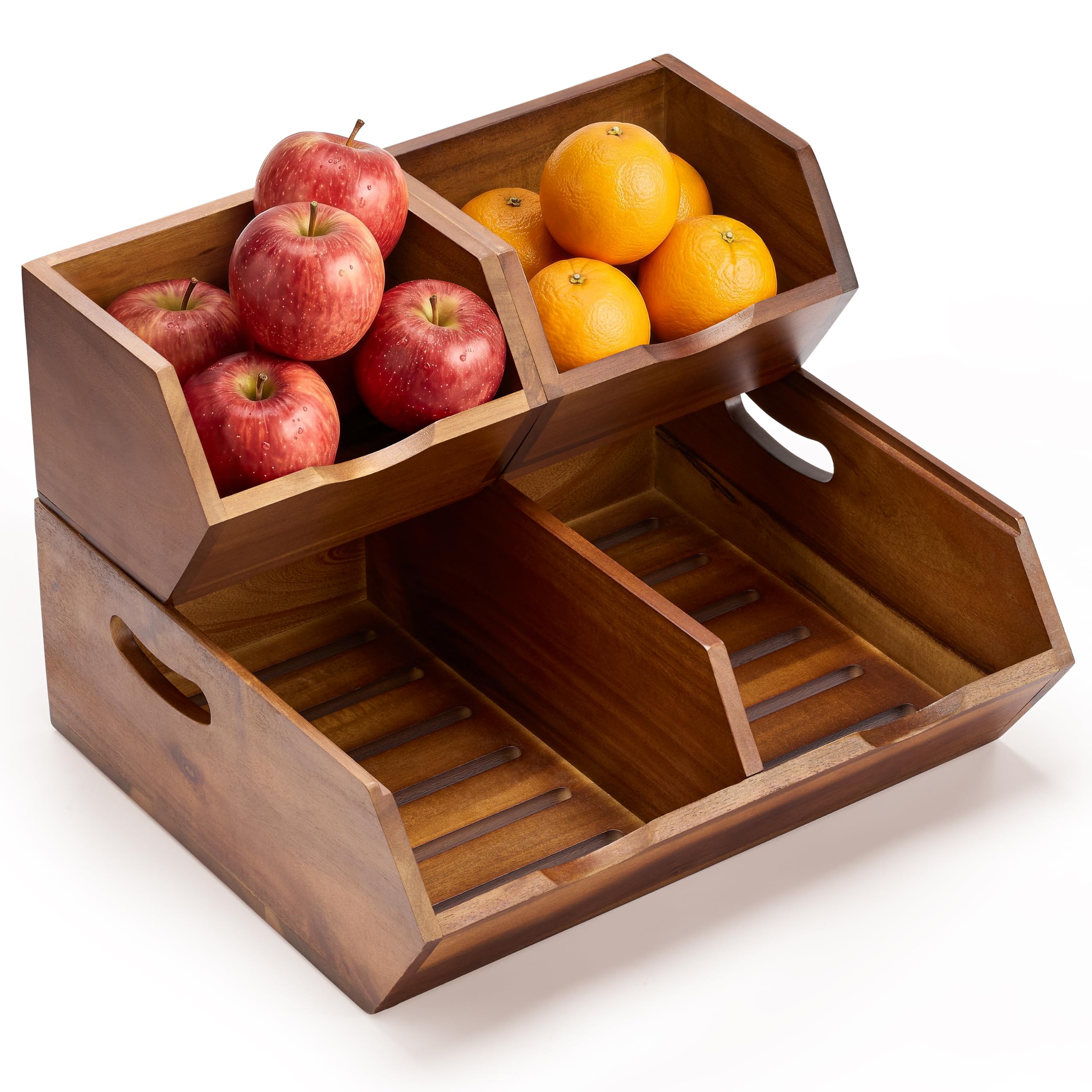 Tidita Wood Potato and Onion Storage Bin, Set of 3, Stackable, Walnut Color