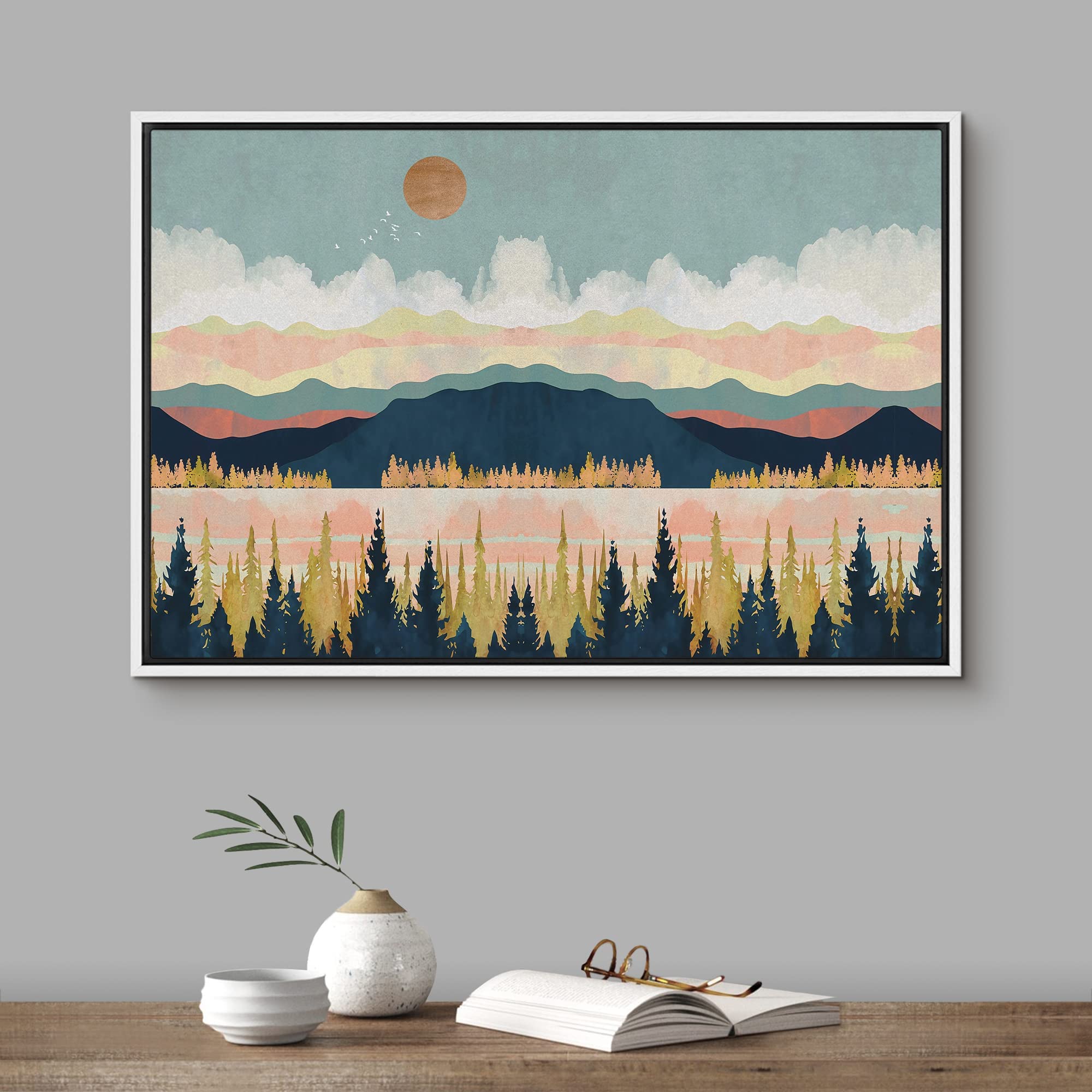 Signford Framed Canvas Print Wall Art Woodland Nursery Decor Mountain, Forest & Lake Abstract Wilderness Illustrations Modern Ar