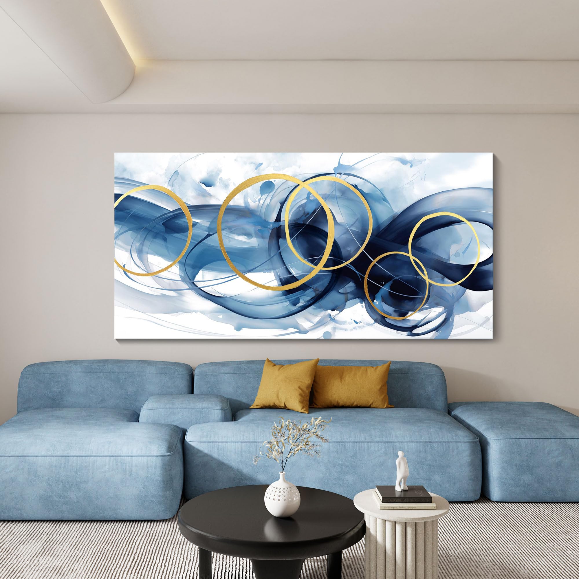 Hkdgoka Abstract Wall Art Living Room - Large Canvas Gold Blue Gradient Canvas Paintings Wall Artwork Modern Office Bedroom Pict