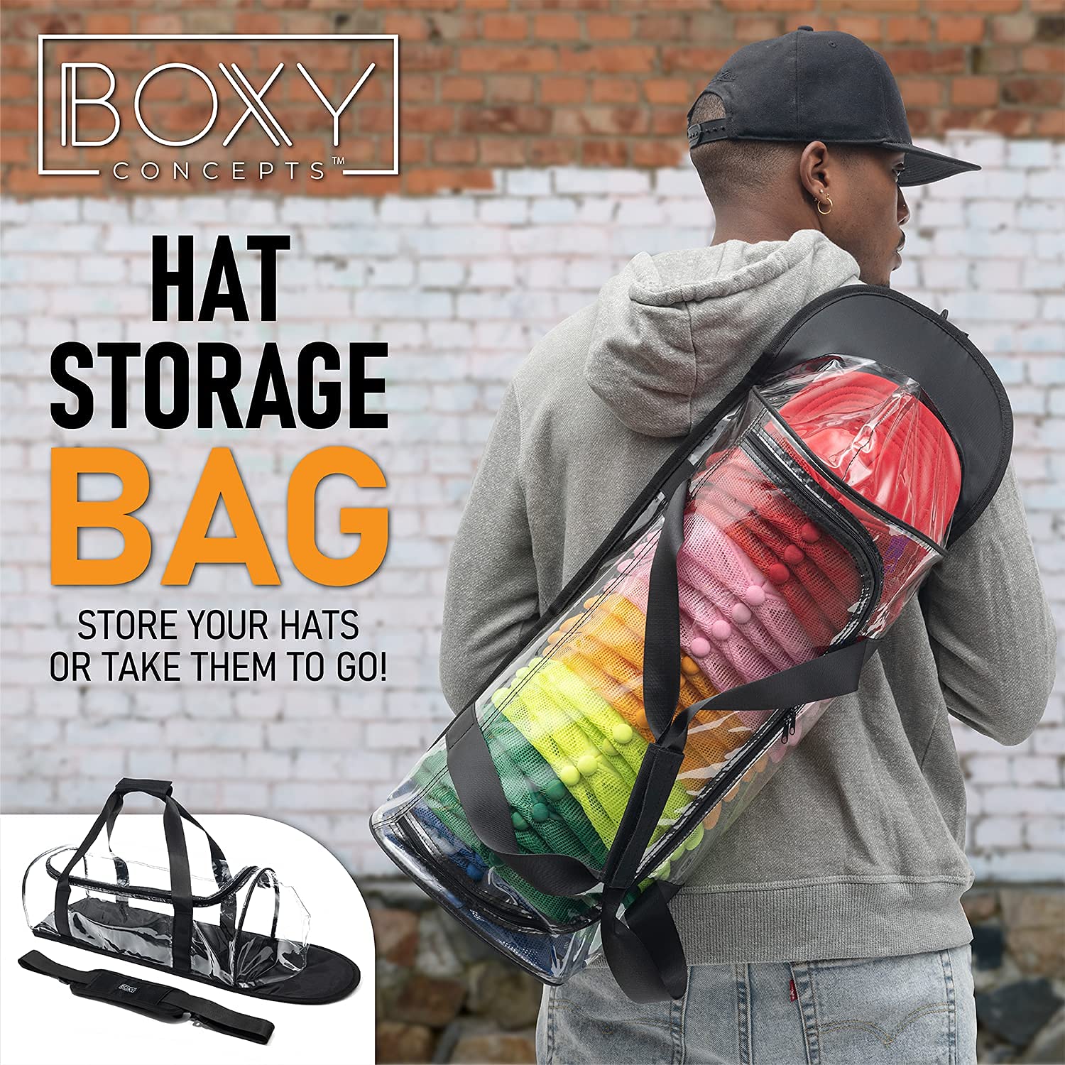 Boxy Concepts Hat Storage Bag - Holds 24 Baseball Caps. Transparent Dome Shaped Carrier Case With Hand And Shoulder Strap. Zippe
