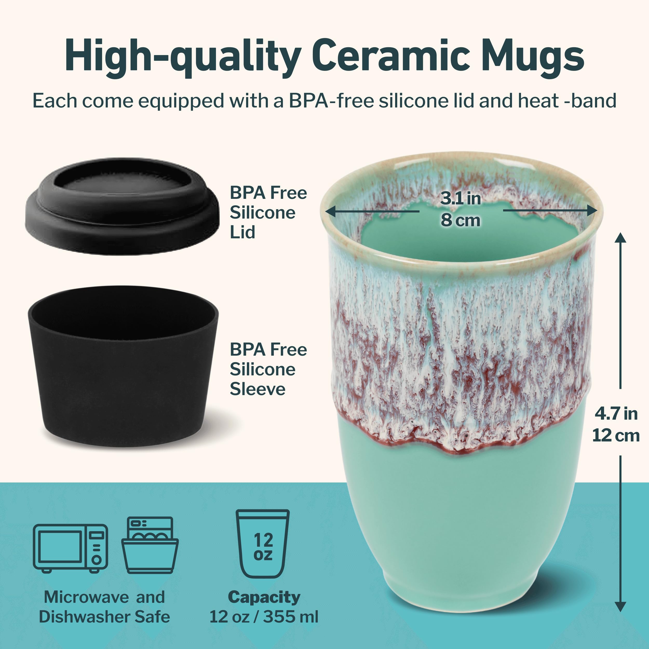 NOVA CERAMICS Reusable Coffee Cup, 12oz Ceramic Travel Mug, Aqua with Running Purple Glaze, Portable, Medium Size