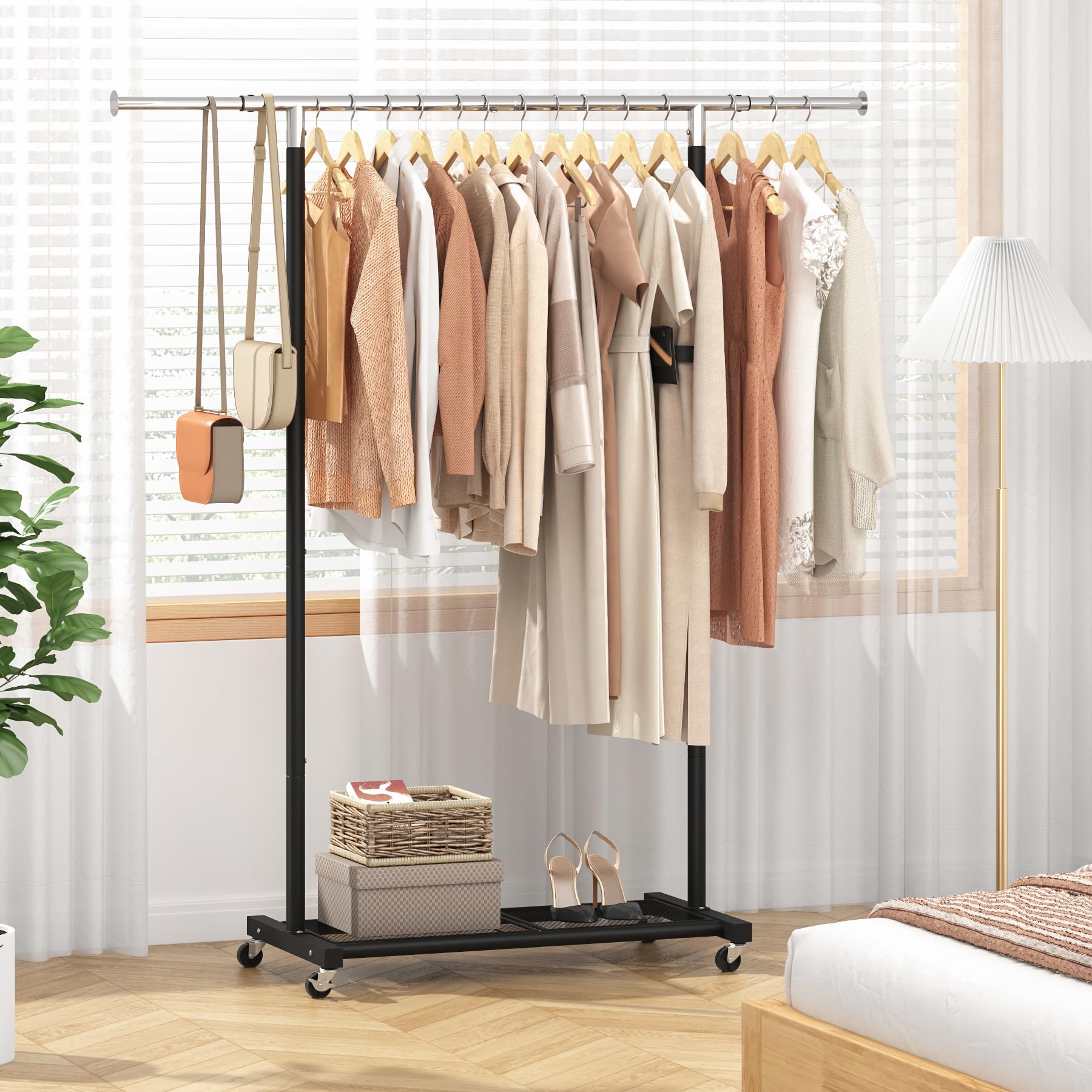 Jiuyotree Rolling Clothes Rack With Dense Mesh Storage Shelf Clothing Garment Rack With Wheels Width Adjustable Clothing Organiz