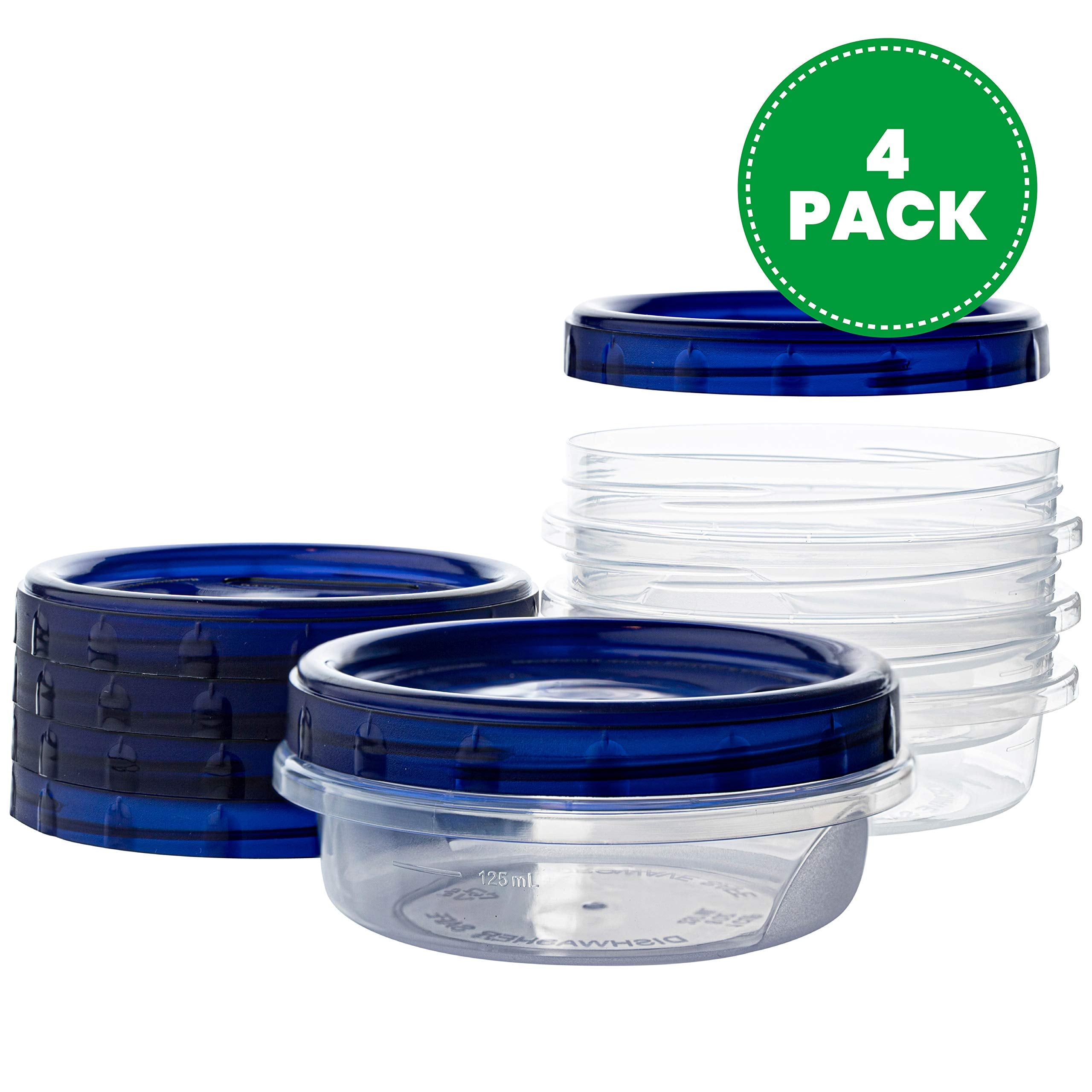 Plasticpro [8 Oz 4 Pack] Deli Containers Clear Bottom With Blue Top Twist On Lids Reusable, Stackable, Food Storage Freezer Cont