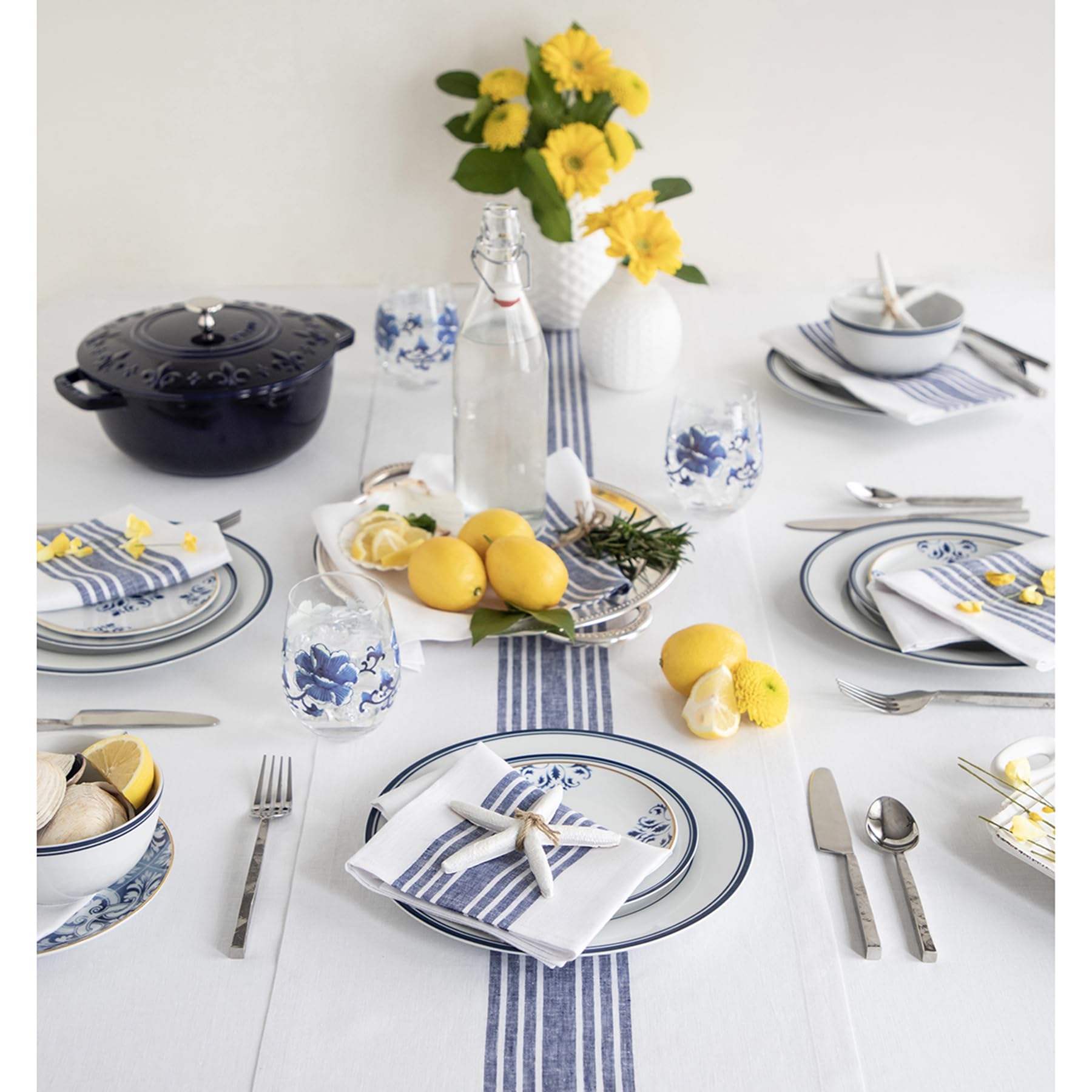 Solino Home Stripe Linen Table Runner 108 Inches Long - 100% Pure Linen Navy And White Table Runner 14 X 108 Inch - Machine Wash