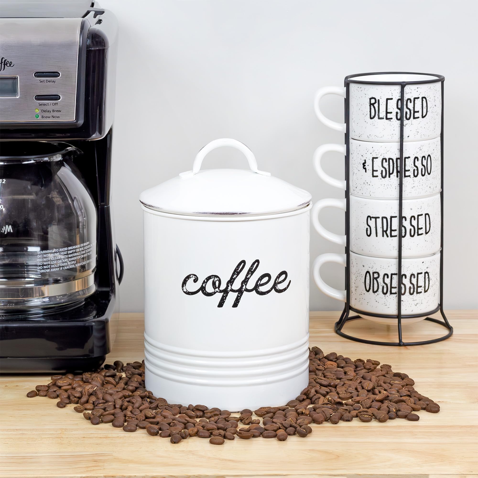 Auldhome Enamelware White Coffee Canister; Rustic Distressed Style Tea Storage For Kitchen