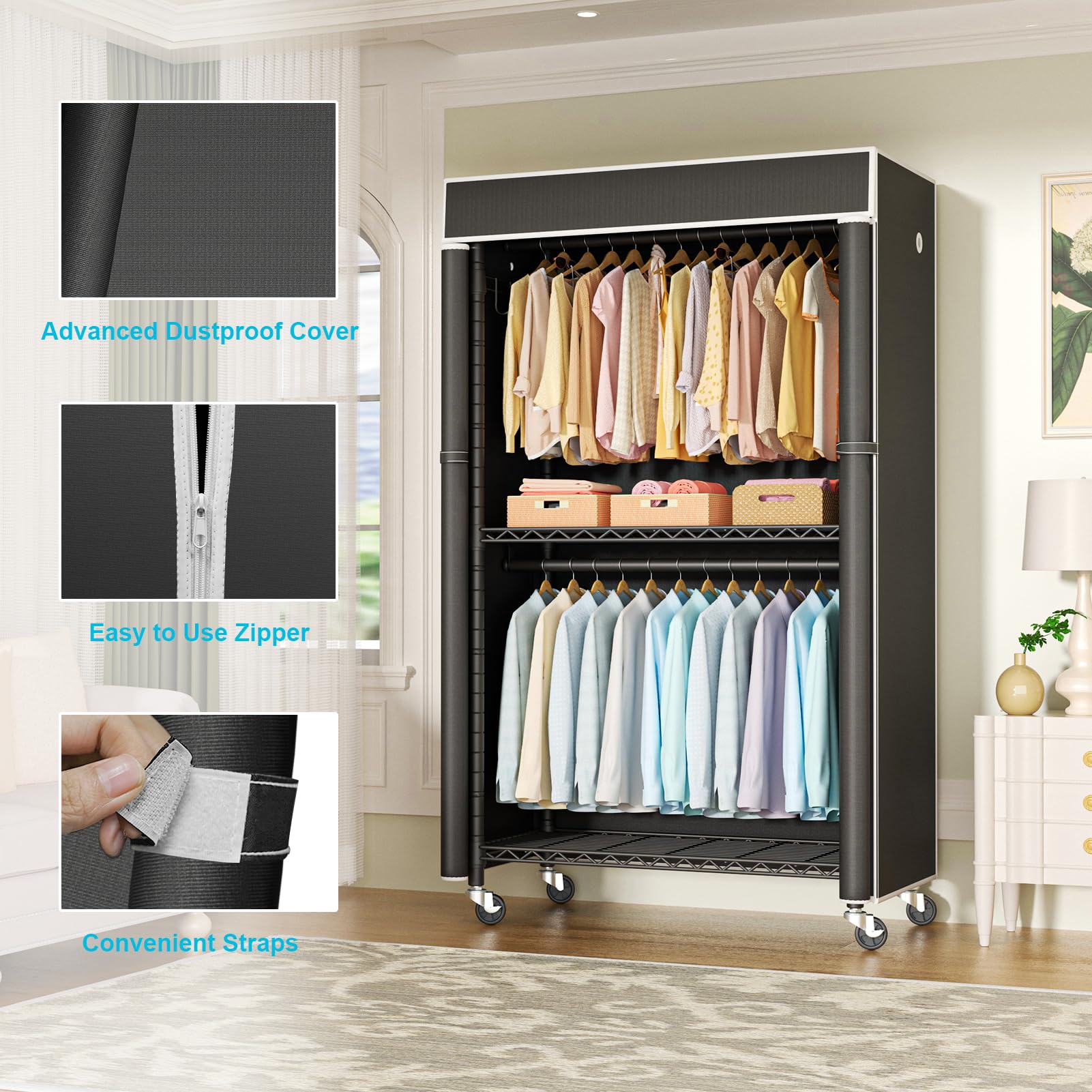 Futassi Clothing Rack With Cover, P1C Rolling Closet Rack With Wheels, Metal Garment Rack For Hanging Clothes, Clothing Storage