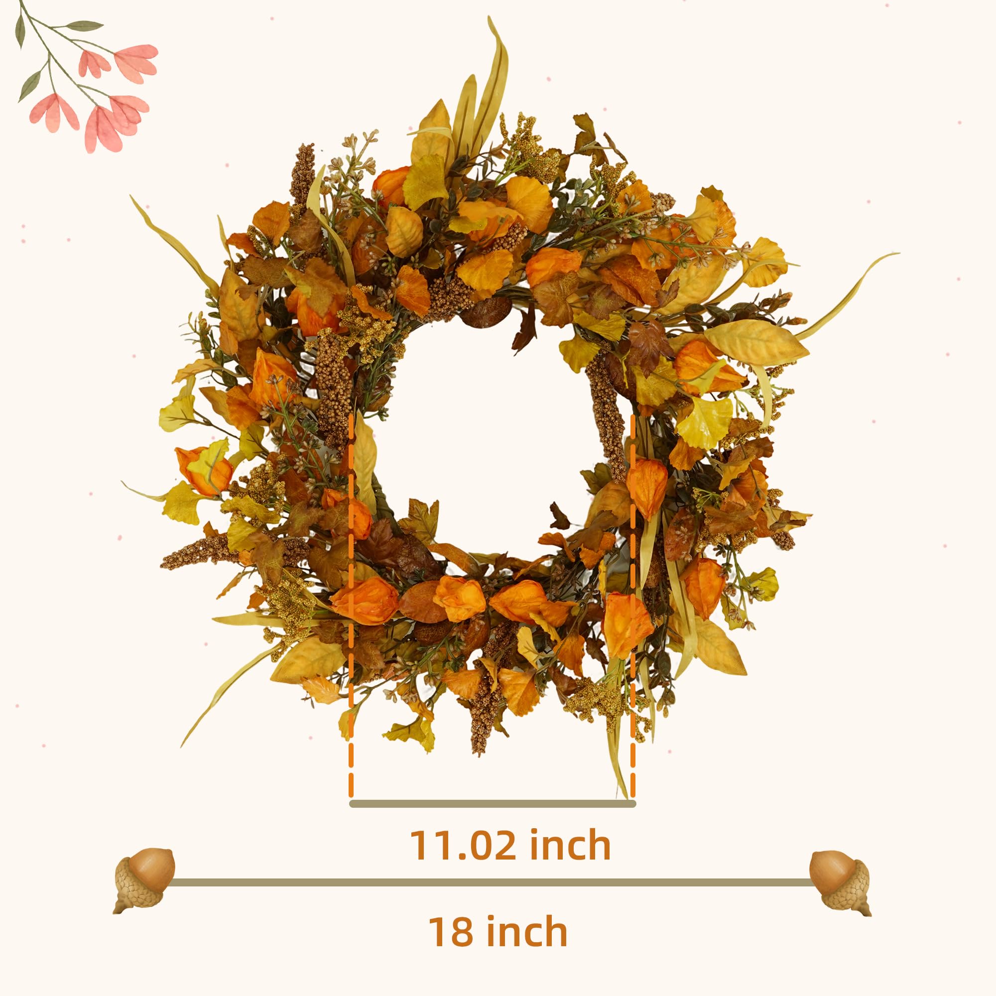 YNYLCHMX 18 Fall Wreaths for Front Door, Artificial Autumn Wreath, Fall Wreath with Eucalyptus Leaves and Berries for Home Porch