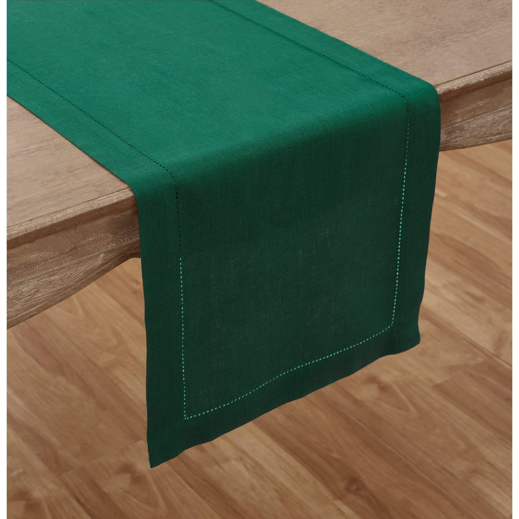 Solino Home Rainforest Green Linen Table Runner 120 Inches Long - 100% Pure Linen Classic Hemstitch Table Runner 14 X 120 Inch -