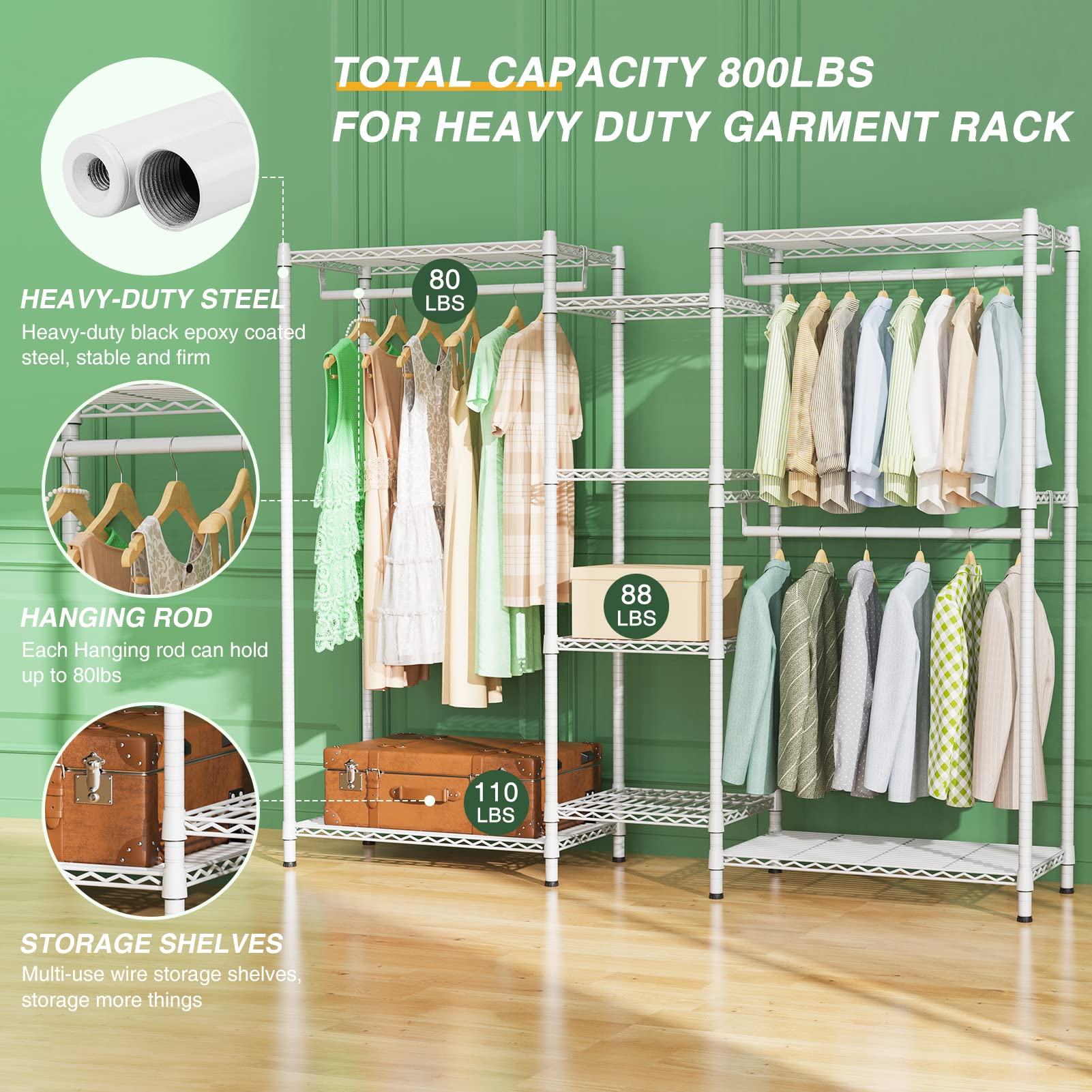 LEHOM G6 Wire Garment Rack Heavy Duty Clothes Rack Compact Large Size Armoire Storage Rack Freestanding Metal Clothing Rack Closet Wardrobe with 3 Hanger Rod and 4 Large Shelves 4 Small Shelves  White