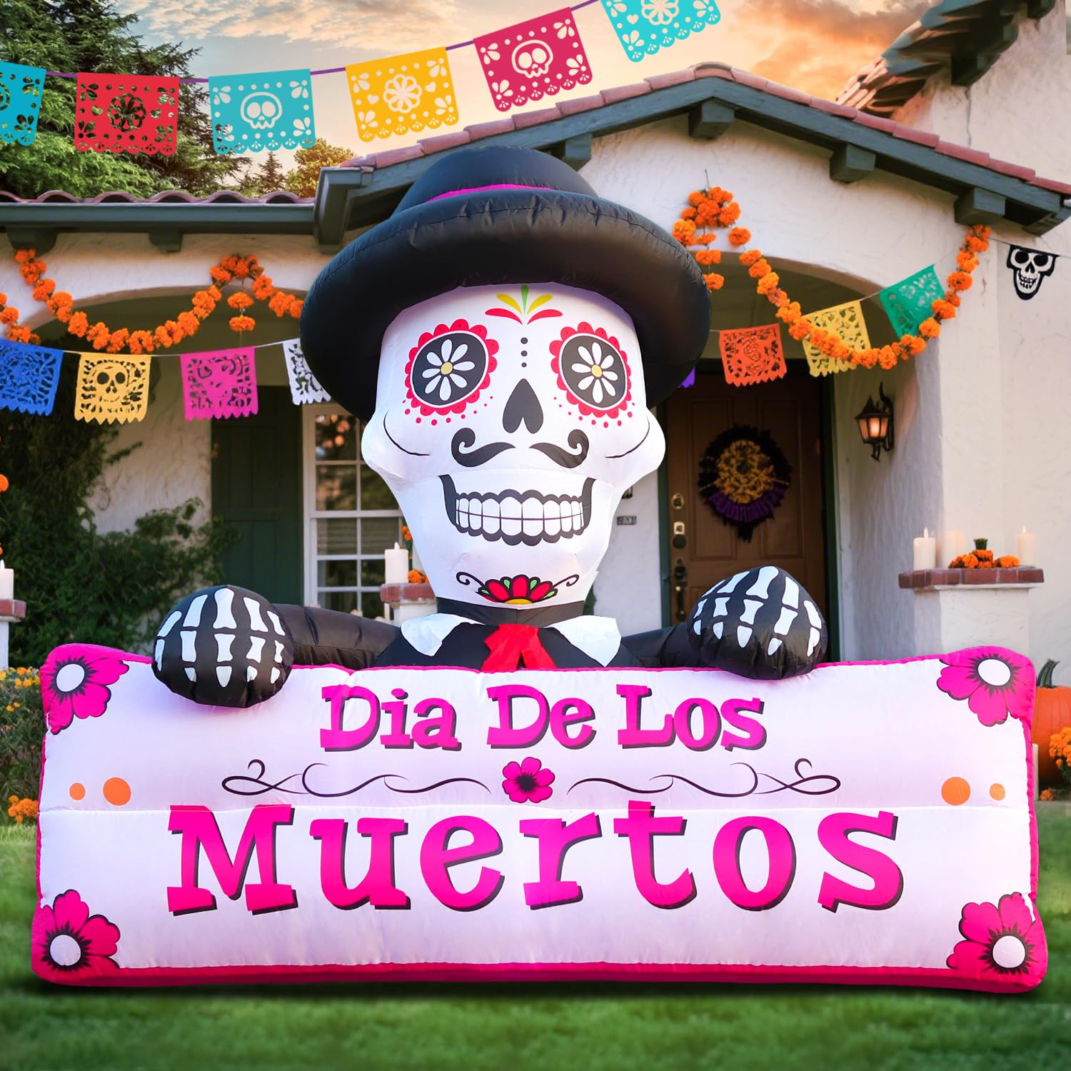 DomKom 6FT Halloween Inflatable Blow Up Decorations, Dia de Los Muertos Day of Dead Banner, Build-in LED Lights Holiday Blow Up