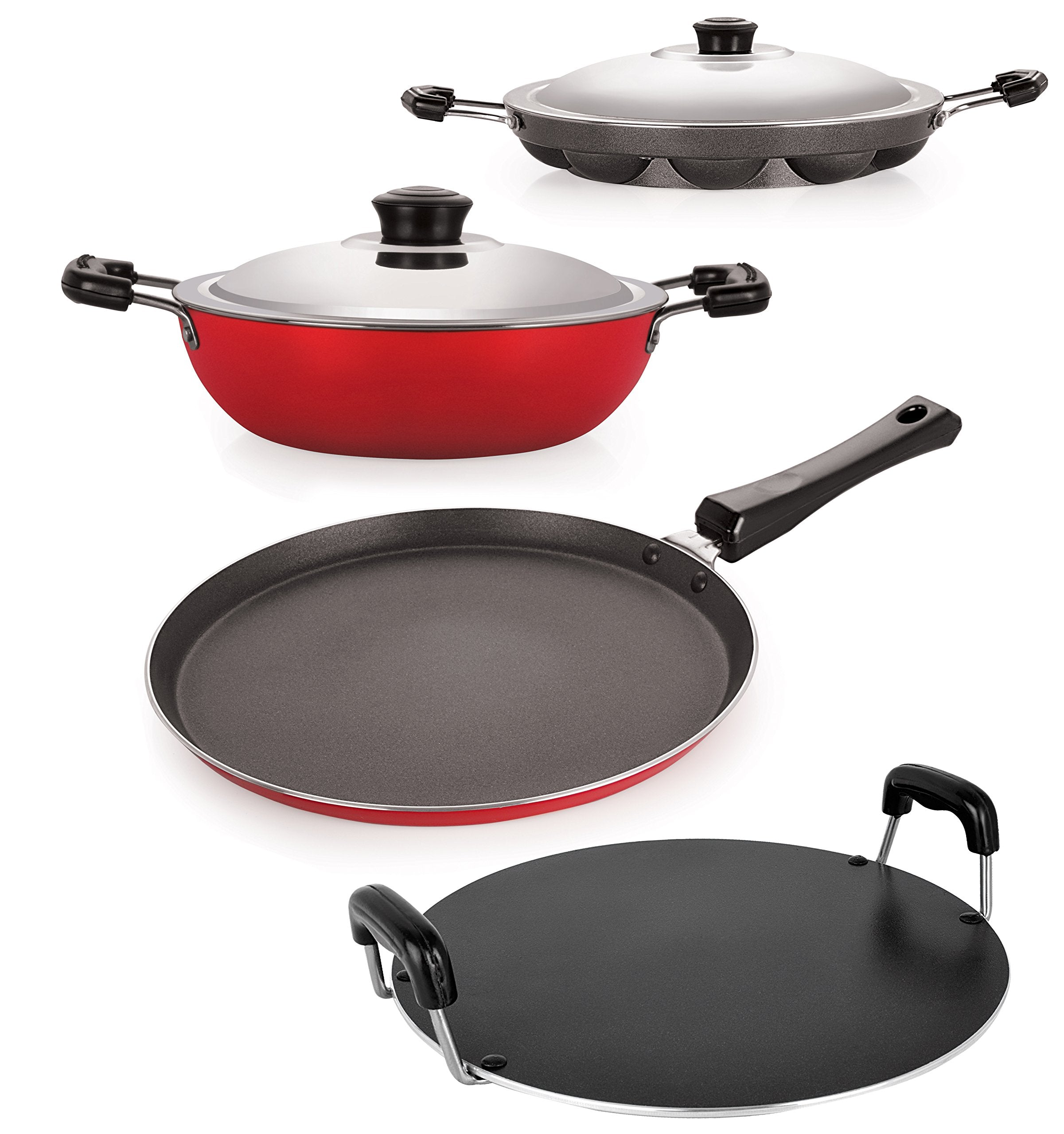 Nirlon NonStick Aluminium Cookware Set (Flat Tawa, Deep Kadai, Appam Patram, Round Tawa)