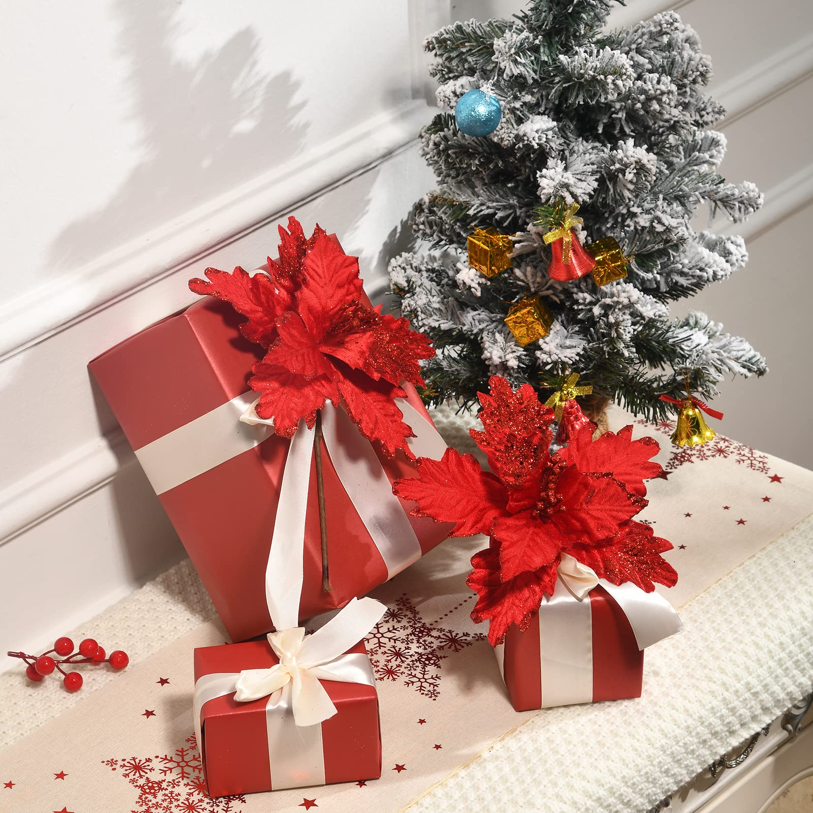 FuleHouzz 10pcs Glitter Decorated Large Poinsettias Decorative Christmas Flower Stems for Christmas Tree Wreaths Wedding Decor,