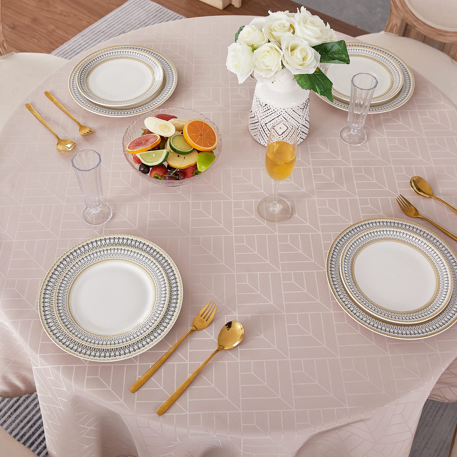 Efficinature Round Tablecloth Jacquard Waterproof Table Cloth 70 Inch Geometry Pattern Silky Soft Wrinkle Resistant Washable Tab