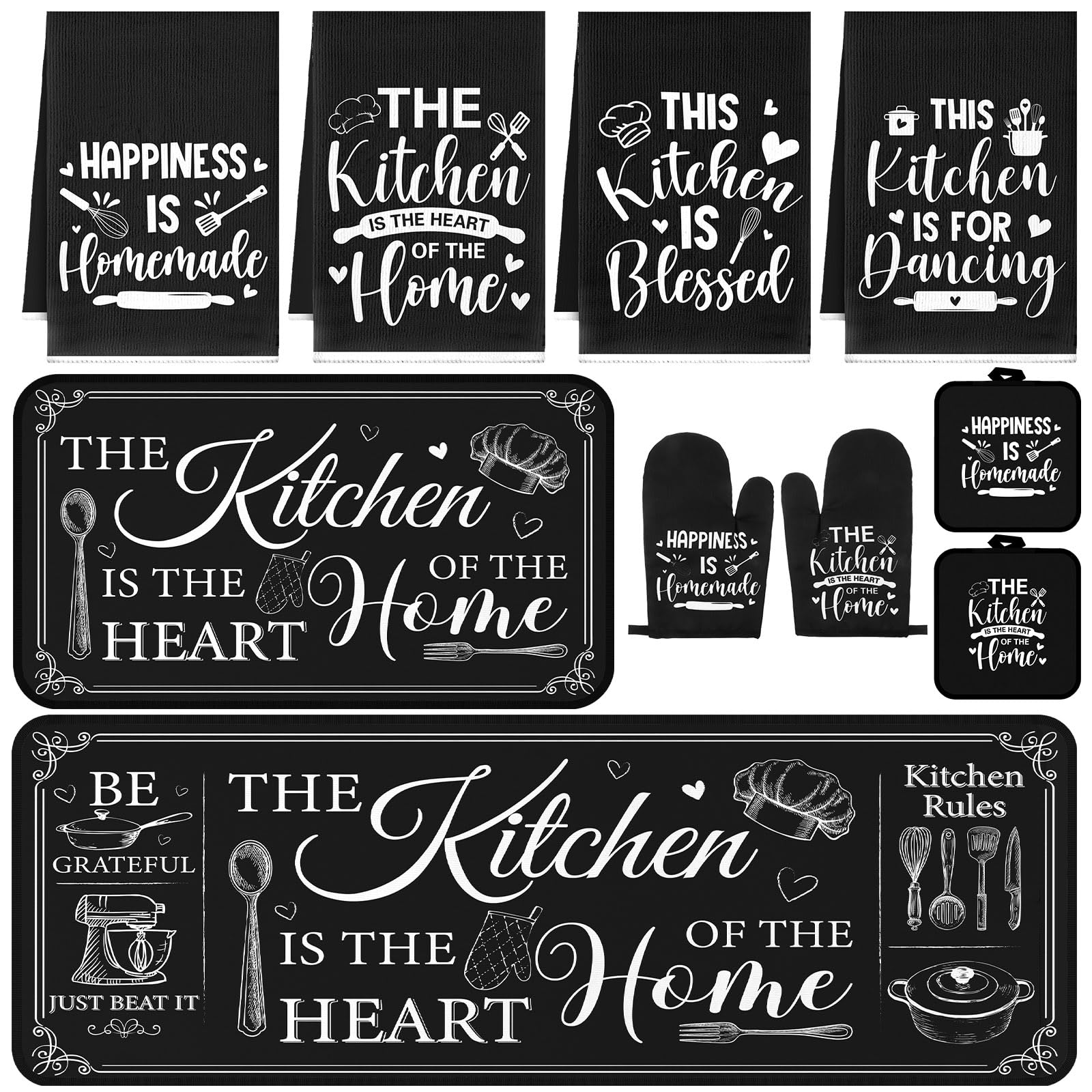 Fourluoo 10 Pcs Farmhouse Kitchen Decor and Accessories Set 4 Kitchen Towels 2 Pot Holders 2 Oven Mitts 2 Rugs for Cooking Bakin
