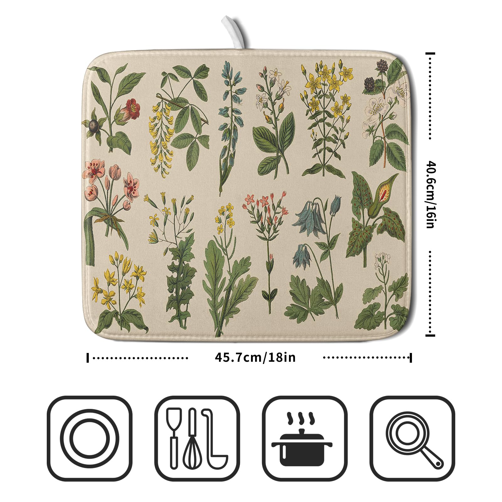 Flower Herbs Dish Drying Mat For Kitchen Counter Decor 16X18 Inch Absorbent Reversible Wild Plant Dish Mat Microfiber Drying Pad