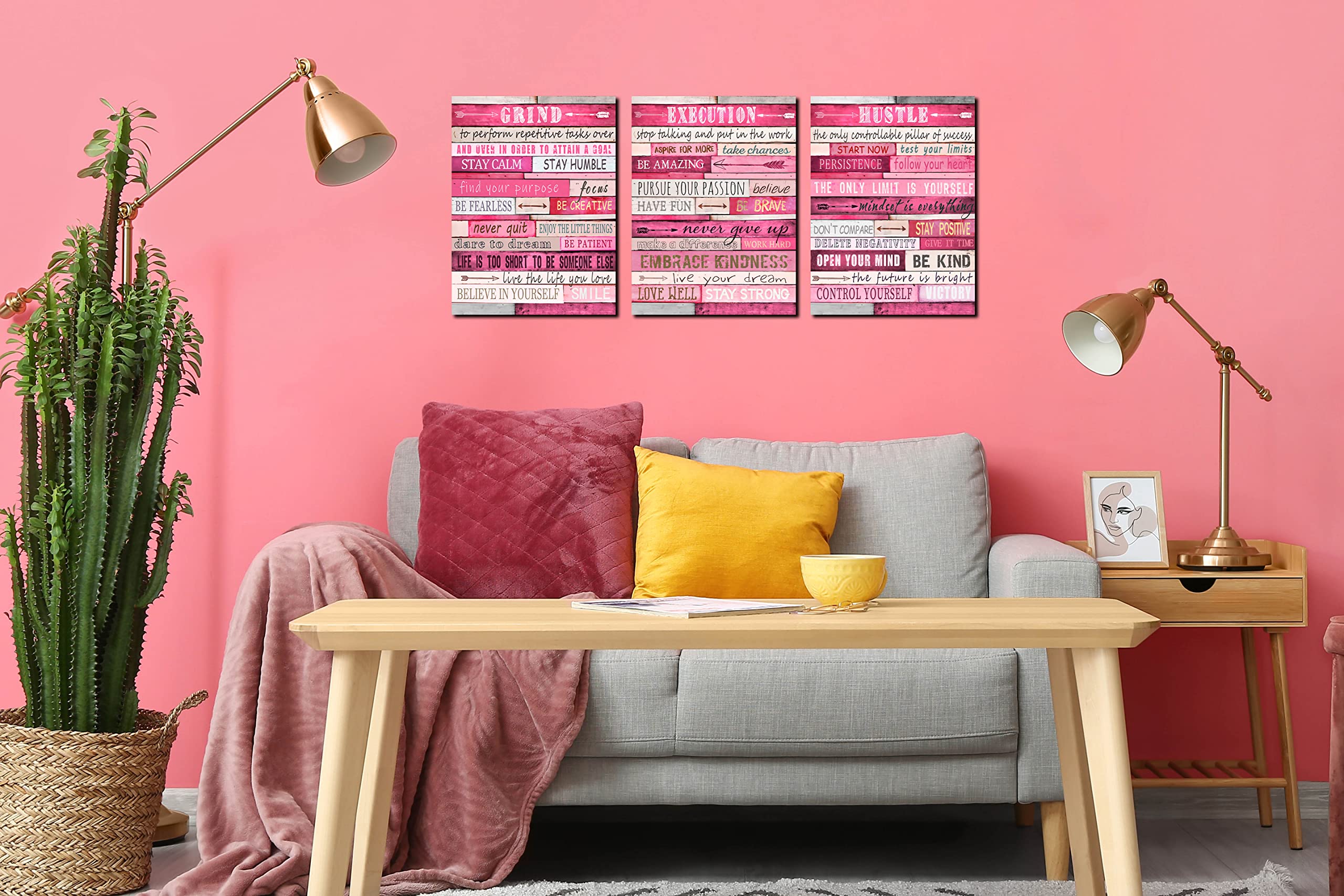 THRLVEART Pink Canvas Wall-Art - Room Decor For Teen Girls - Motivational Posters Ready To Hang Size 16'' x 12'' x 3 Pieces