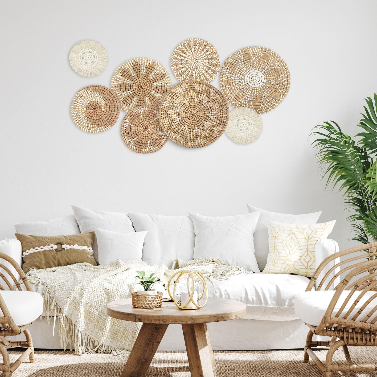 Xuhal Set Of 8 Hanging Woven Wall Basket Handmade Decorative Rustic Boho Wall Basket Decor Handcrafted Wicker Round Seagrass Bas