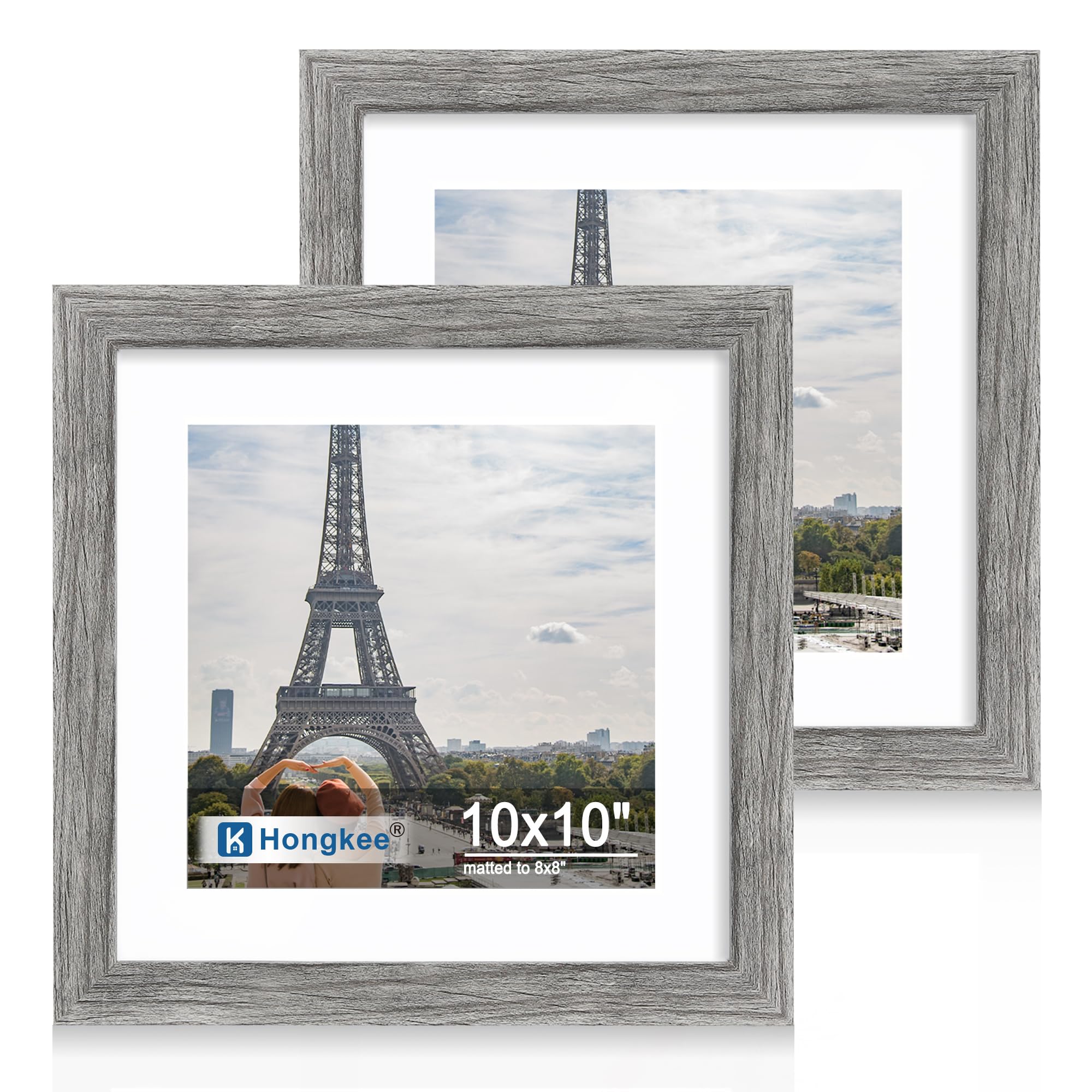Hongkee 10x10 Picture Frame Set of 2, Made of Real Glass and Grey Wooden Frame - Display Square 8x8 with Mat or 10x10 Without Ma