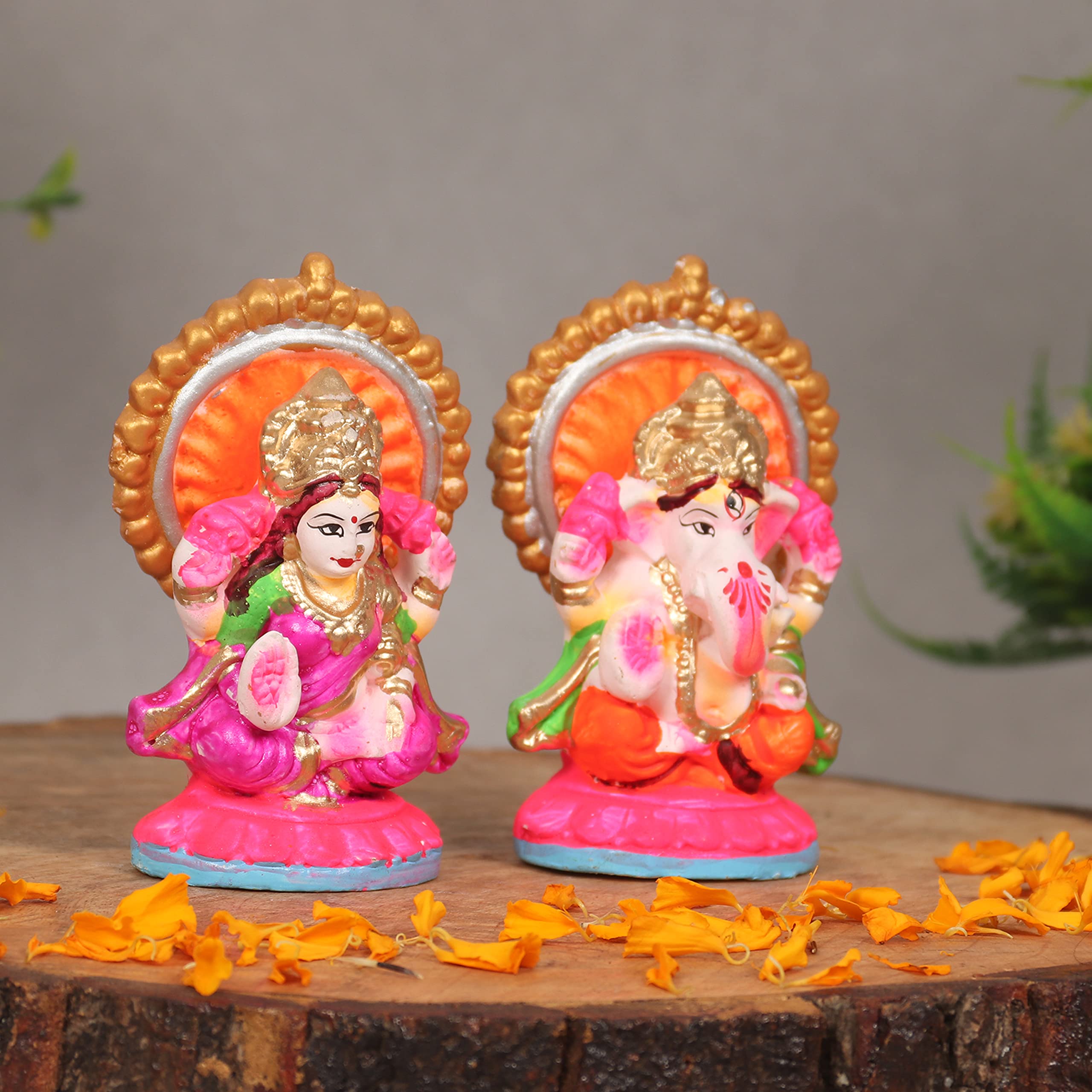 Khajuraho Crafts | Vibrant Small Laxmi Ganesh Set Idol | Terracotta Clay-Based Lakshmi Ganesha Idols for Diwali Gifts Puja (3.5