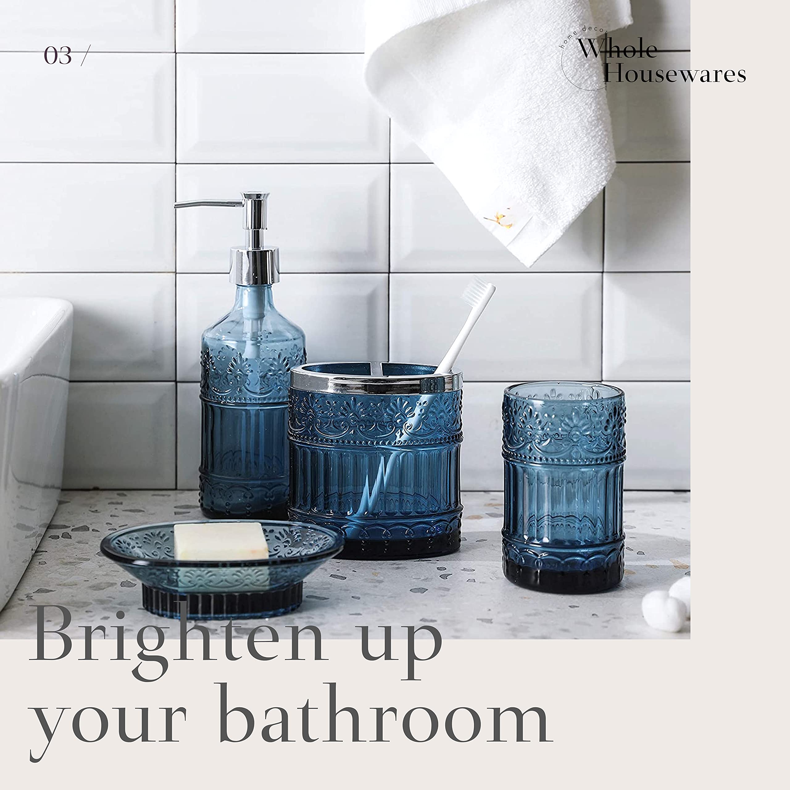 Whole Housewares | Premium Bathroom Accessory Set | 4-Piece Decorative Blue Glass Bathroom Decor Accessories Set | Soap Dispense