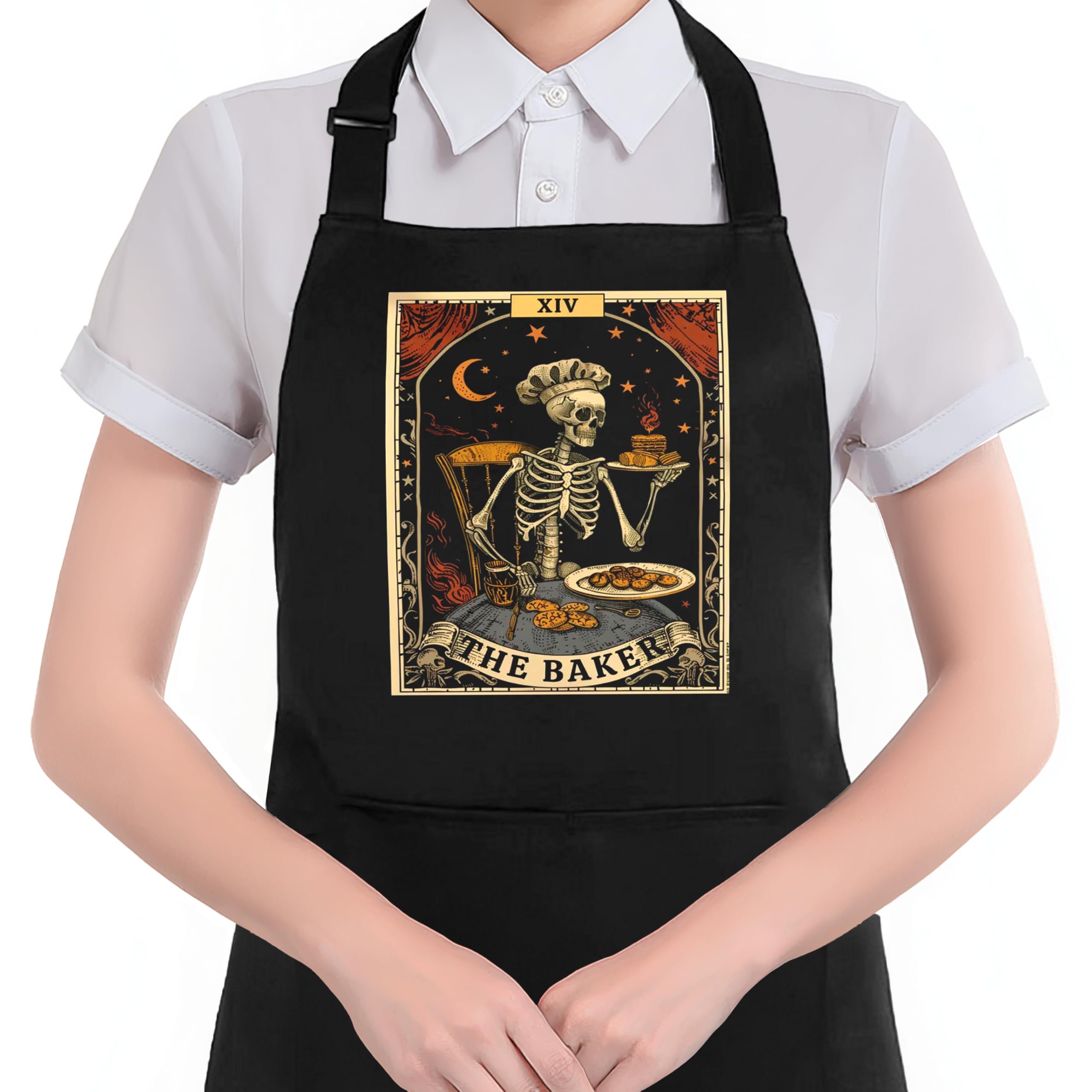 Hugane Witchy Gothic Skeleton Baking Apron With Pockets, Gifts For Bakers Women, Funny Gothic Skull Baker Waterproof Adjustable