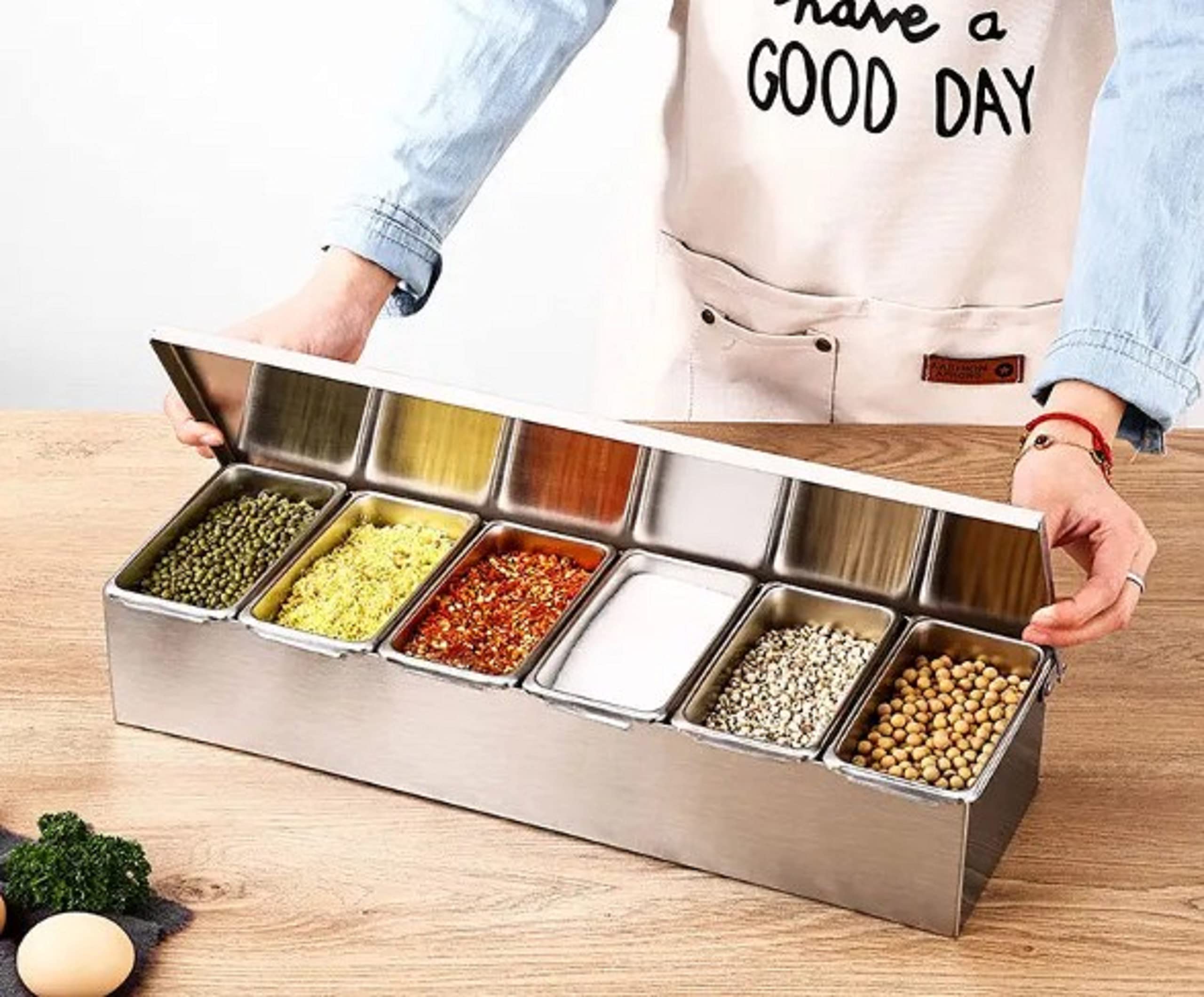 Truecraftware- 6 Compartment Stainless Steel Condiment Bar (Open Bottom)- Condiment Dispenser Serving Container Garnish Tray Bar