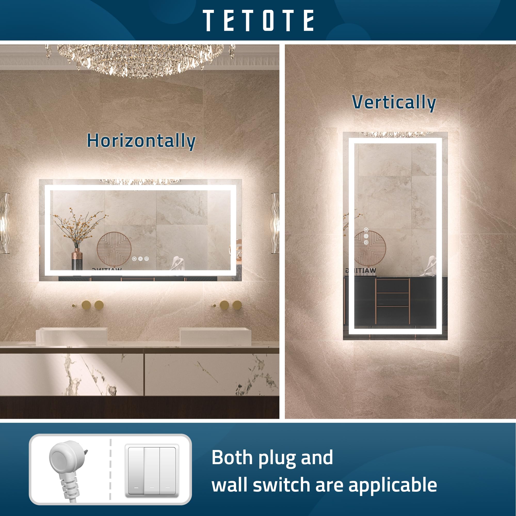 TETOTE LED Vanity Mirror 48 x 24 Lighted Bathroom Mirror Dimmable & Anti-Fog Function Makeup Mirror with Lights Bedroom LED Mirr