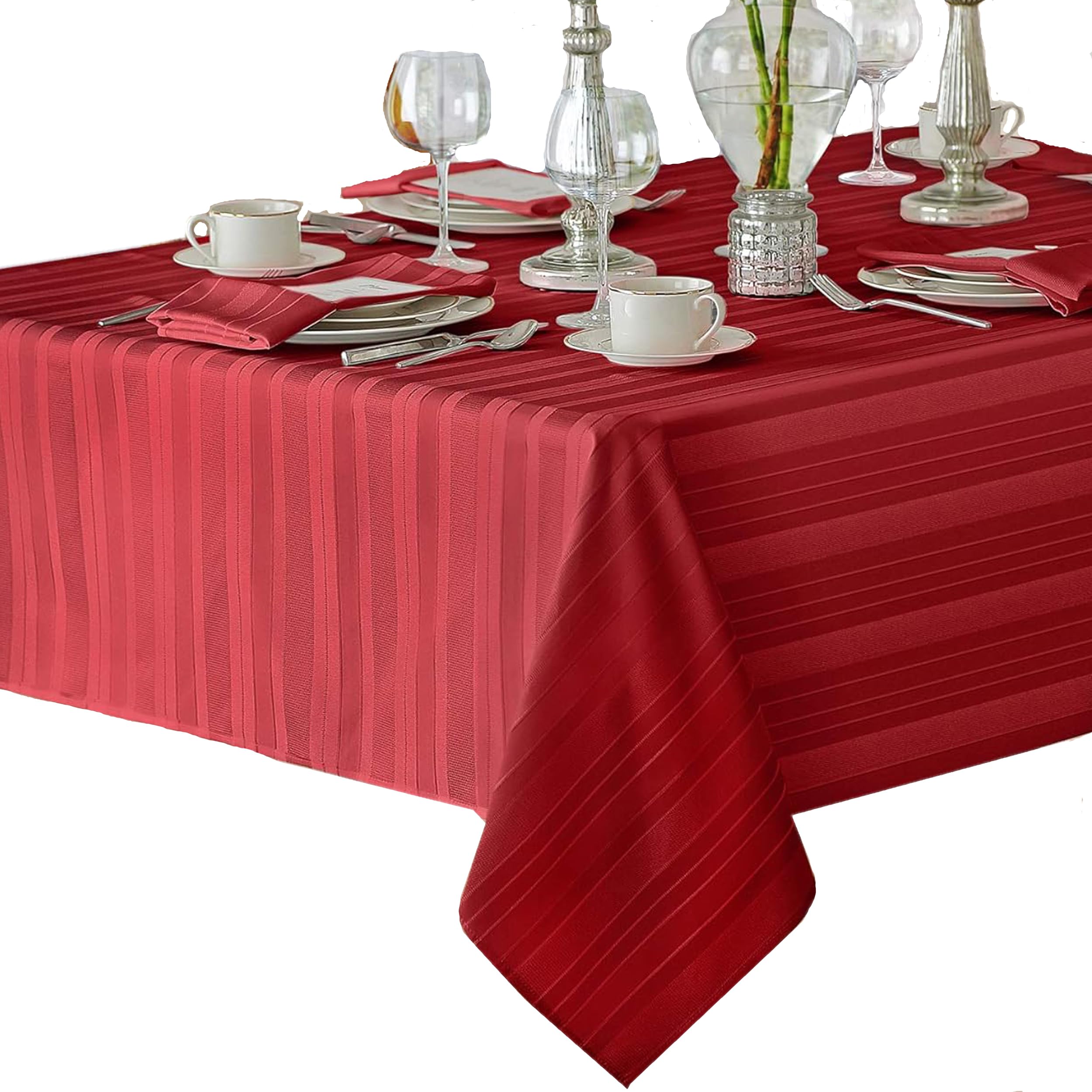 Newbridge Christmas Satin Stripe NoIron Soil Resistant Fabric Holiday Tablecloth, 60 x 144 Oblong, Red