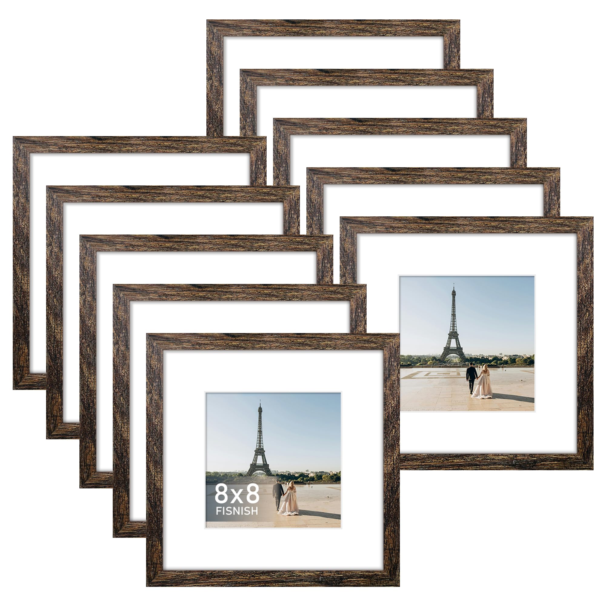Fisnish 8x8 Picture Frame Sef of 10, Display Pictures 5x5 with Mat or 8 x 8 Without Mat, Brown Photo Frame Collage for Wall Gall
