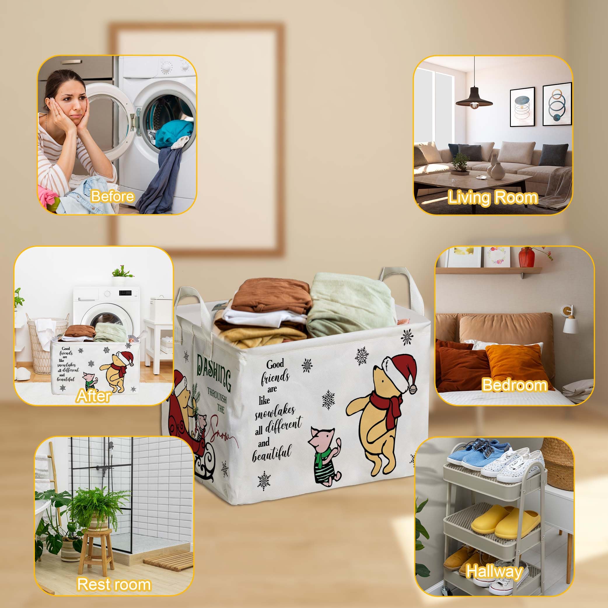 Winnie Theme Christmas Nursery Decor,the Pooh Christmas Gift,Large Canvas Laundry,Hamper Winnie Baby Stuff with A Waterproof PE