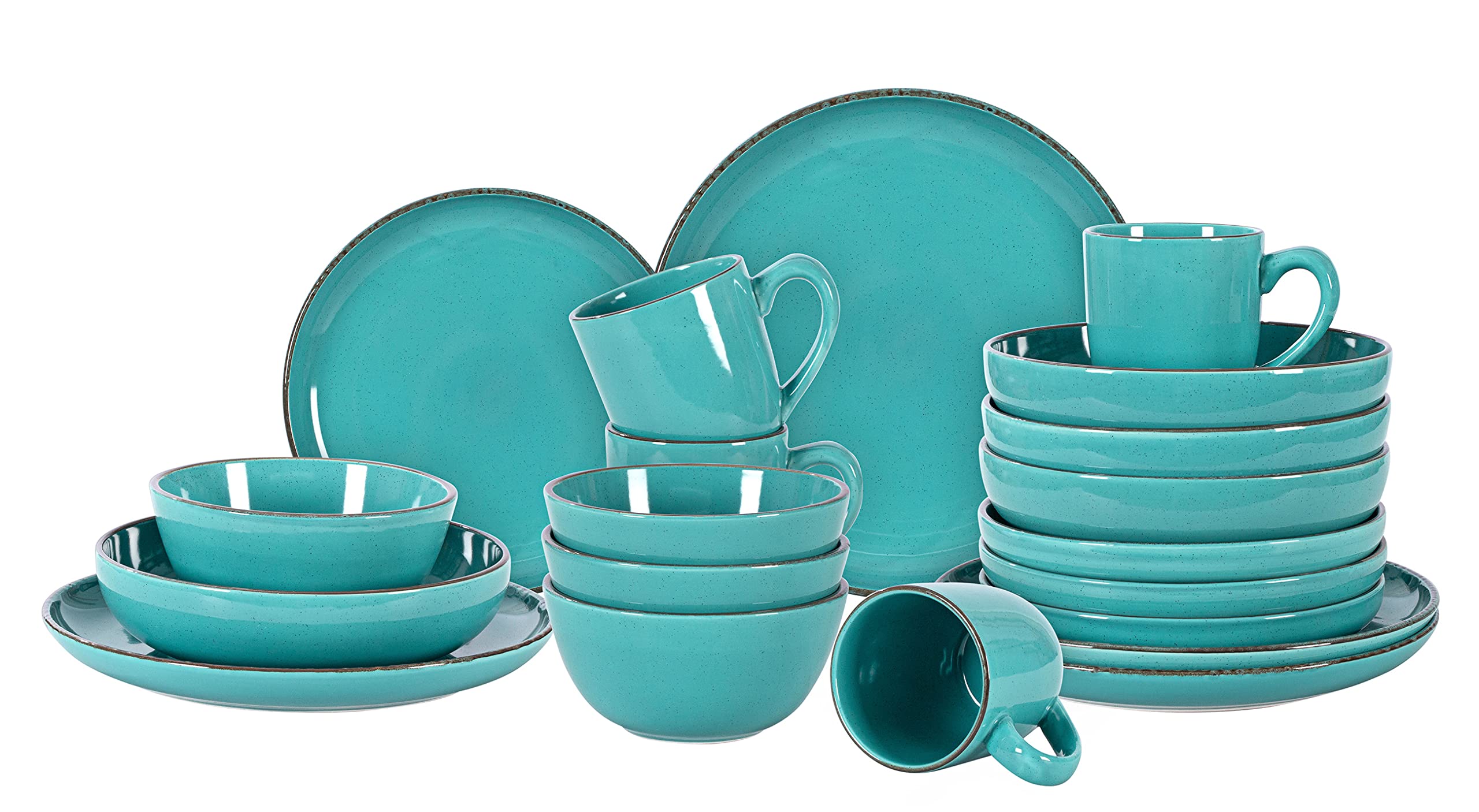Home VSS, Stoneware Euro-Nordic 20pc Dinnerware Set, Shiny Turquoise Glaze with Speckle Effect