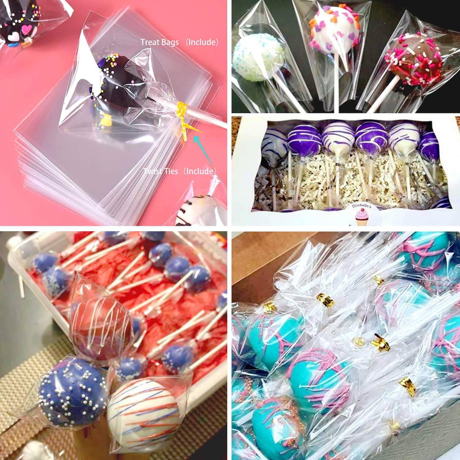 300 Pcs Cake Pop Sticks And Wrappers Kit, Including 100Ct 6-Inch Paper Lollipop Sticks, 100Ct Clear Candy Treat Bags Parcel, 100